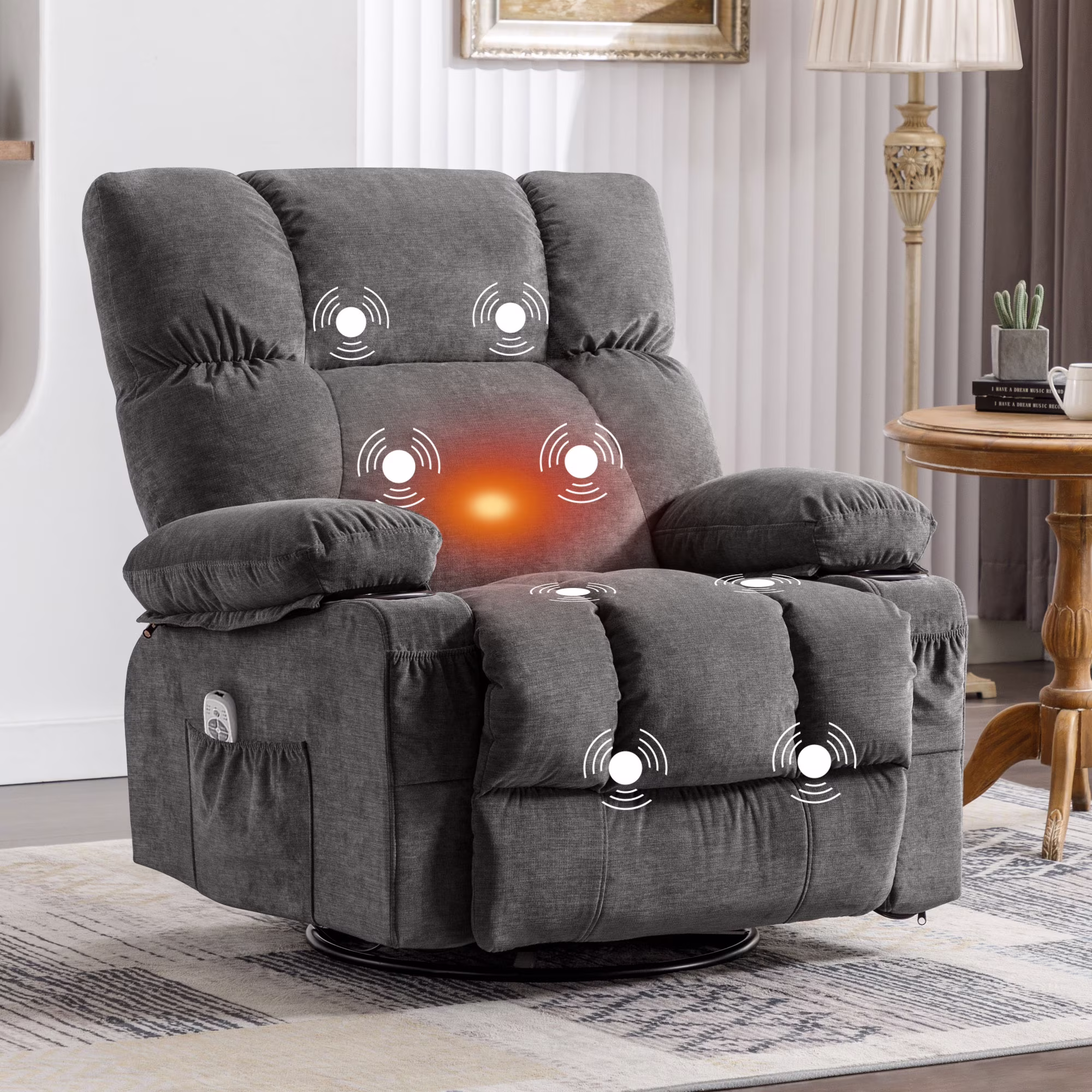 Manual Recliner Chair with Heat Therapy and Massage Function, Heavy Duty Reclining Mechanism Massage Chair, Elderly Single Rocker Sofa with Cup Holders for Bedroom Home Theater,Grey(Regular-Grey) - Image 7