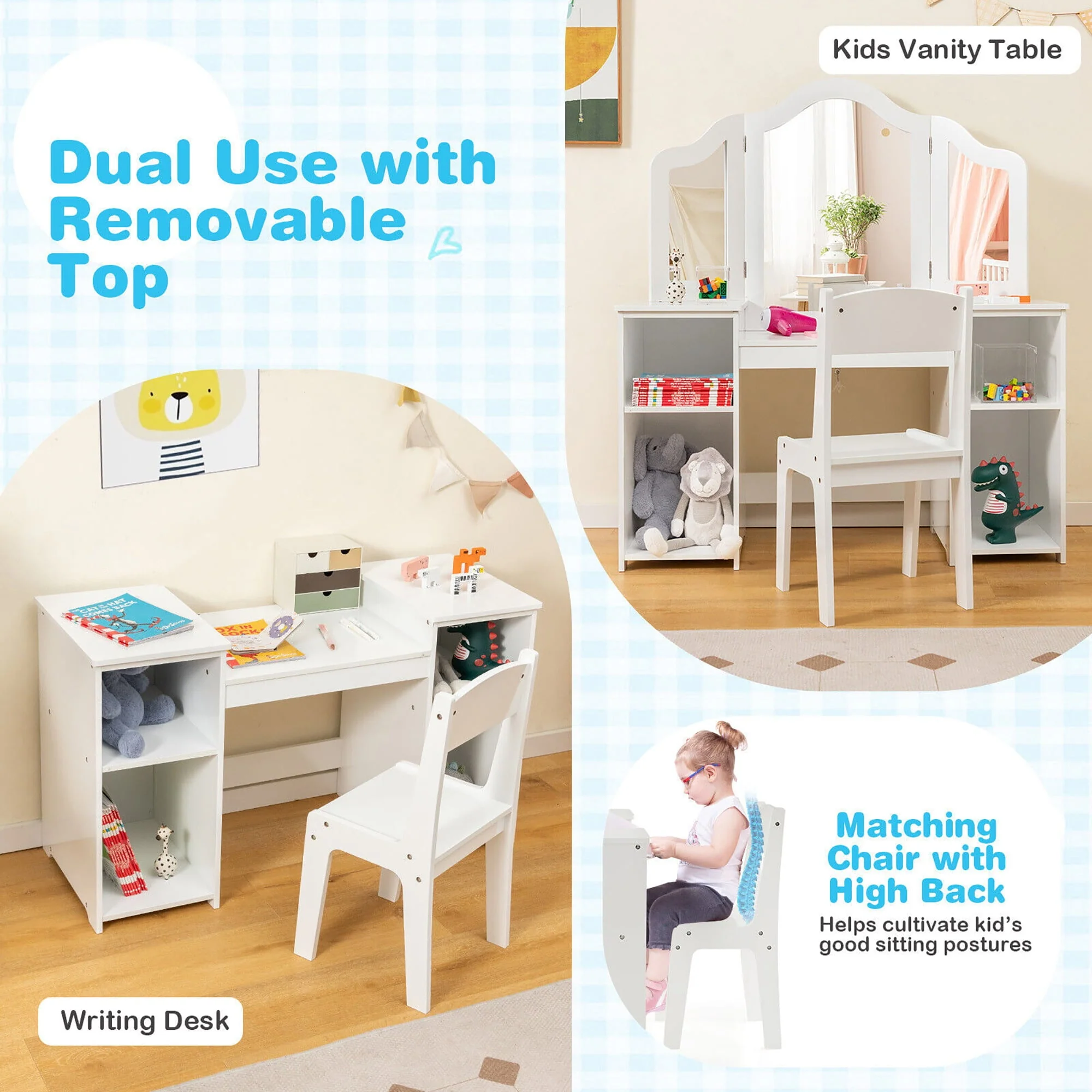 Gymax Kids Vanity 2 in 1 Princess Makeup Desk Chair Set Safe Tri fold Mirror White(Pink) Image 7
