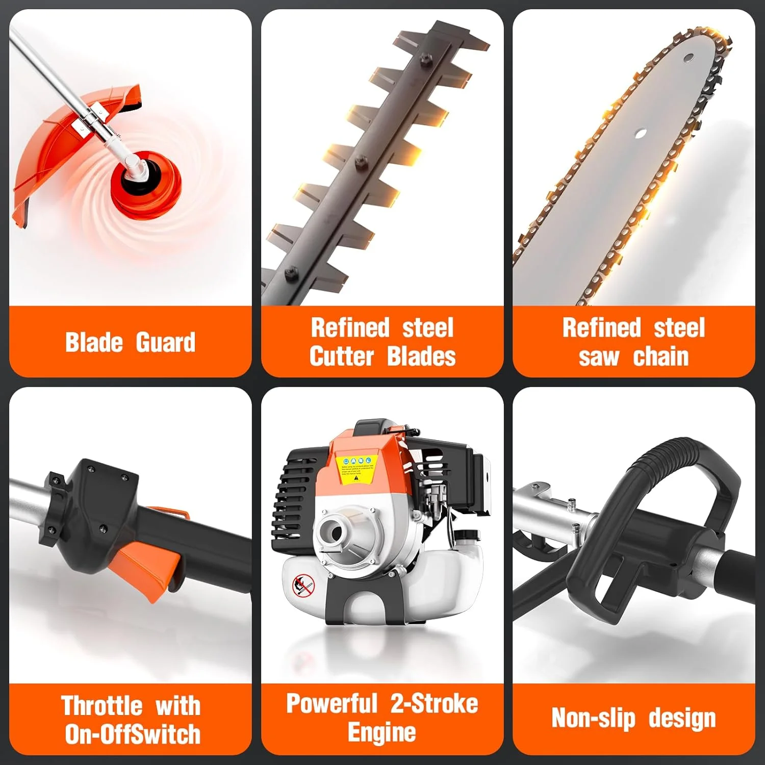 52CC Orange Gas Weed Wacker, 2 Stroke Weed Eater Gas Powered, 6 in 1 Gas Hedge Trimmer, Gas Brush Cutter, Gas String Trimmer, Pole Saw with Extension Pole Image 4