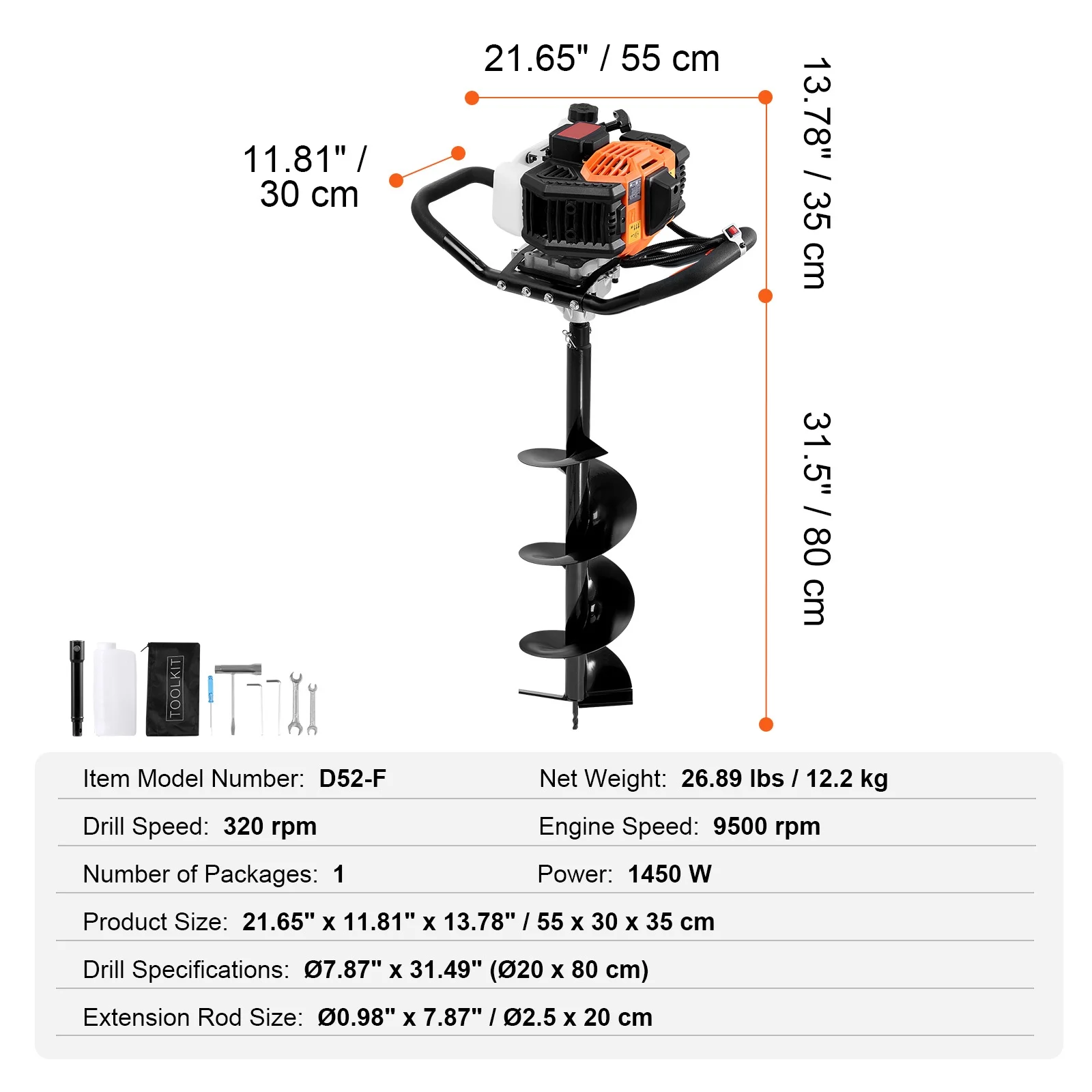 Gas Earth Auger, 52CC 1450W, includes 8�� Drill Bit Extension Rod, Ideal for Garden, Farmland Fence Installation, Orange Black - Image 9