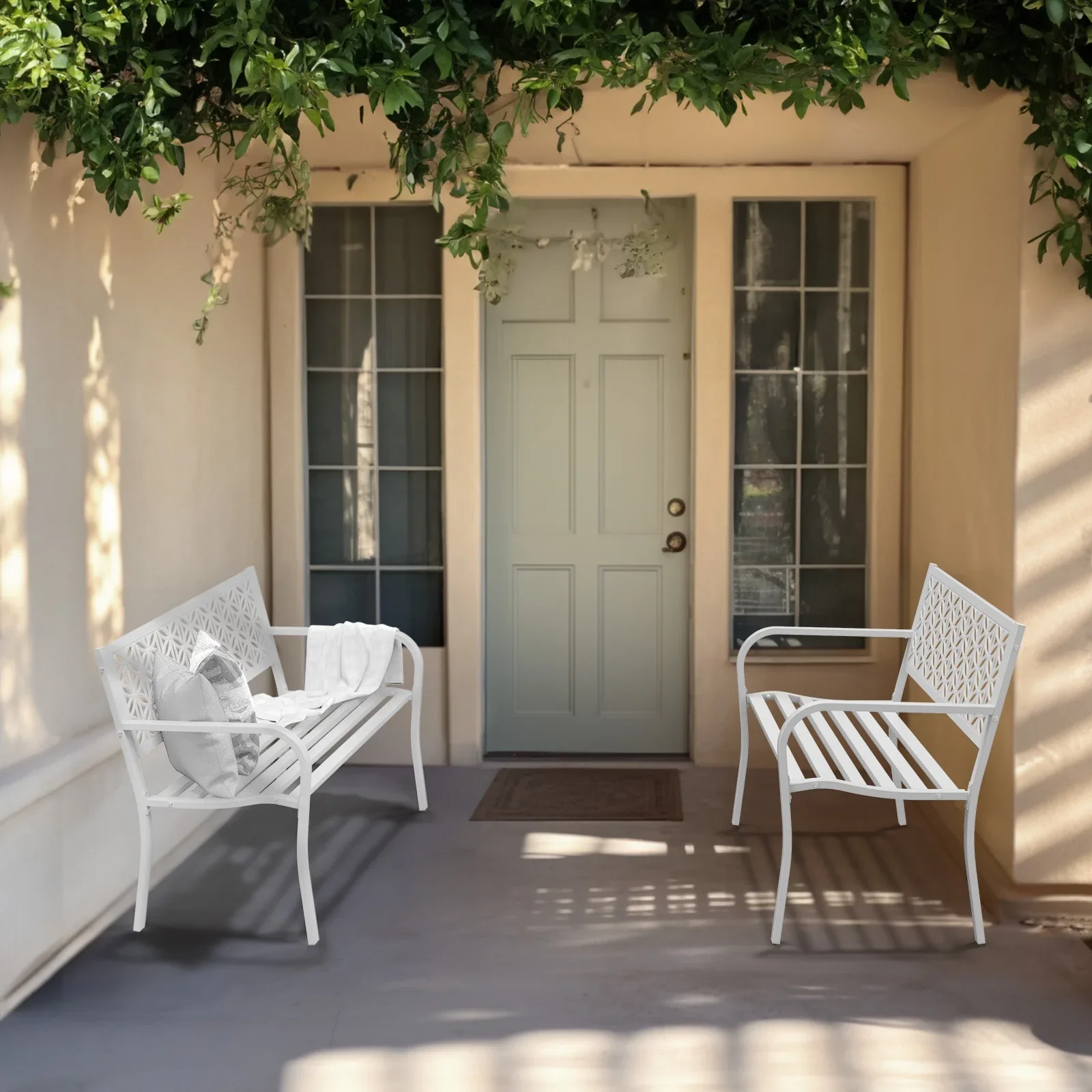 Ktaxon Outdoor Bench, Mental Bench with Floral Back, 2-Person Garden Bench for Outside Yard Patio Entryway Park Porch, 800LBS, White