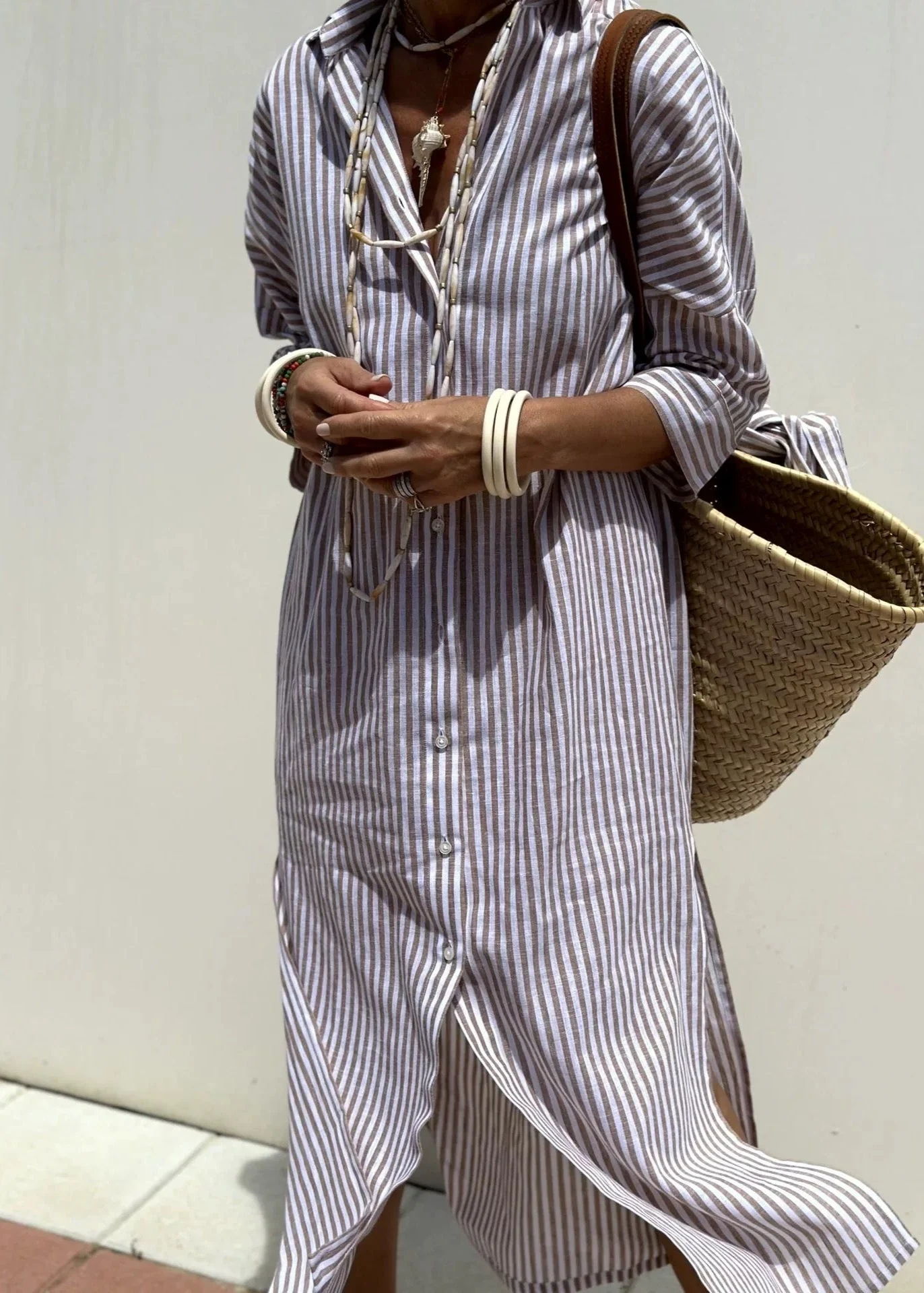 Sophie Paris | Robe chemise longue d'été à rayures et manches mi-longues