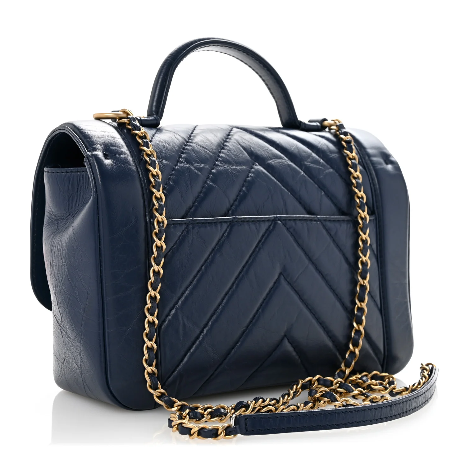 Calfskin Chevron Quilted Top Handle Flap Navy