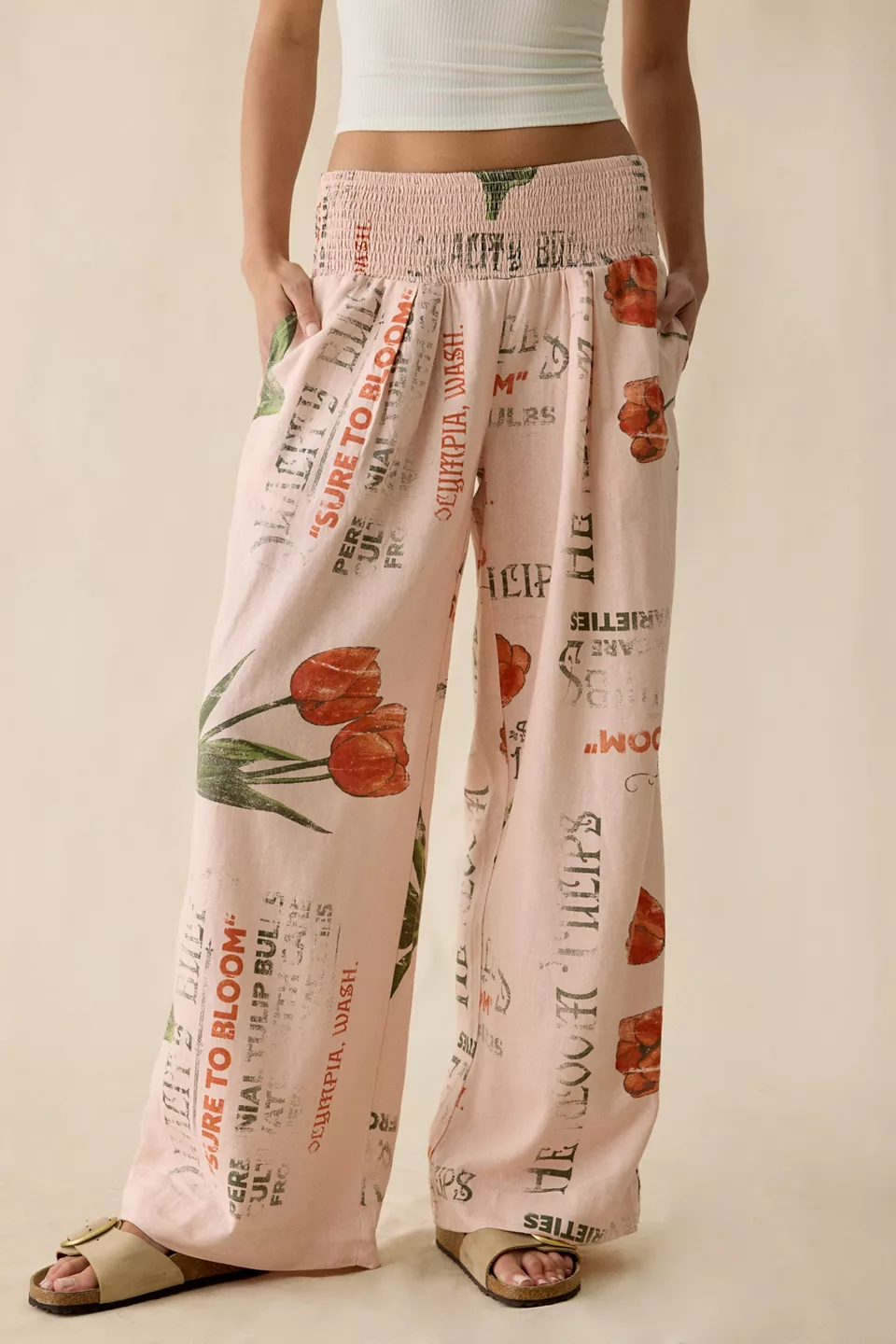 Kimchi Blue Caroline Smocked Wide Leg Linen-Blend Pants-Pink
