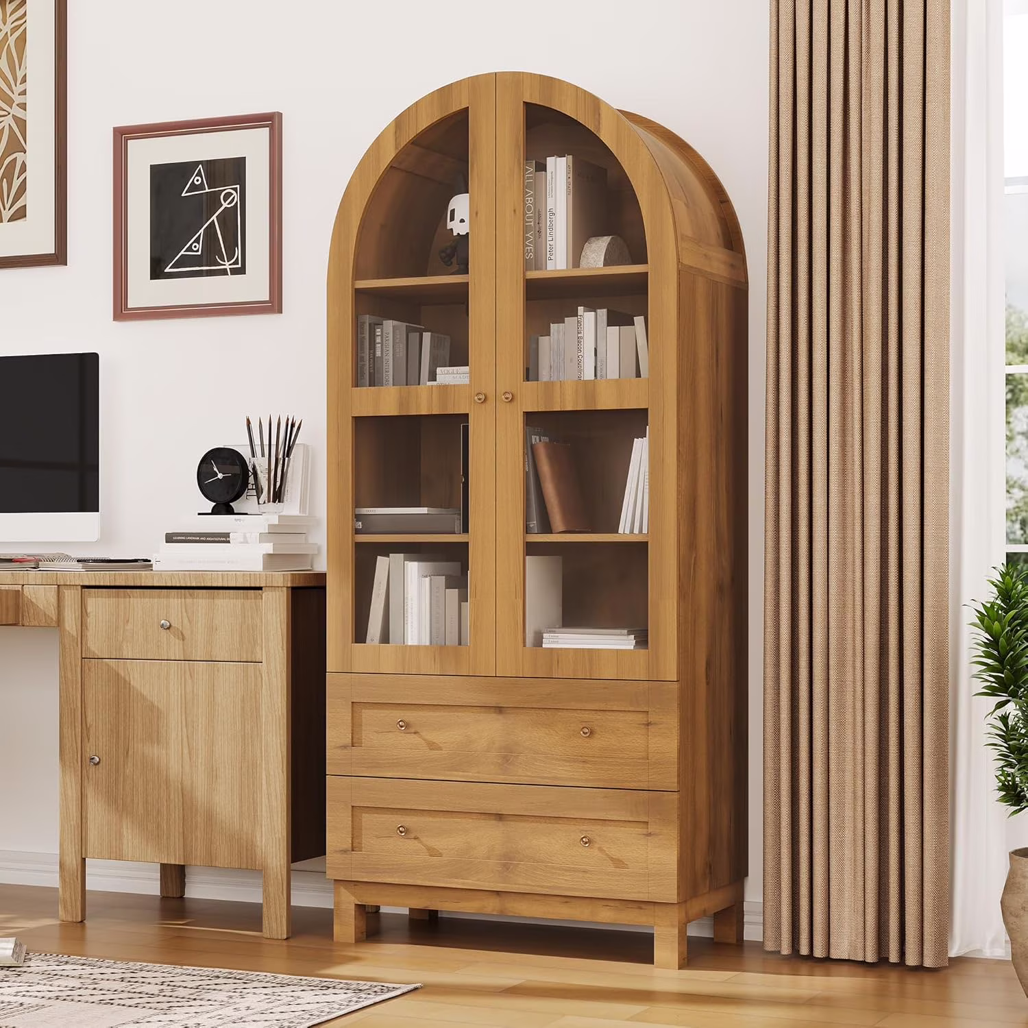 71" Tall Arched Bookshelf, Modern Bookcase with 2 Drawers, Glass Door and Adjustable Shelf, Wooden Display Cabinet, Versatile Bookshelf Kitchen Storage Pantry for Living Room, Bedroom- Natural(Oak)