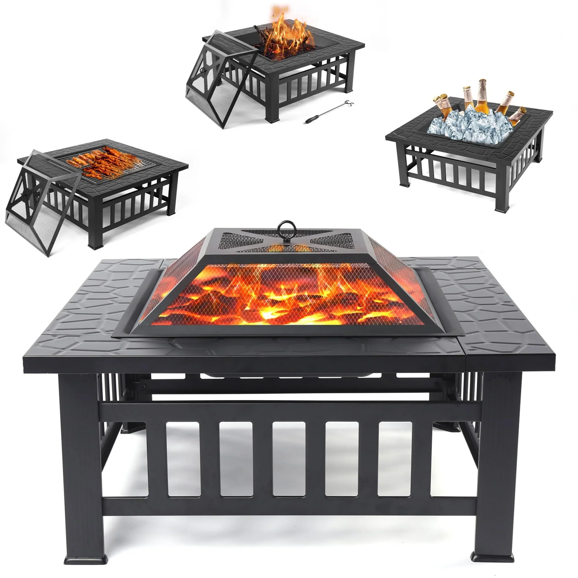 32 Square Fire Pit for Outside, Outdoor Wood Burning Metal Fire Pit with Spark Screen & Poker, Multifunctional Heater/Grill/Ice Pit for Backyard Patio Garden BBQ Grill, Black, S7039