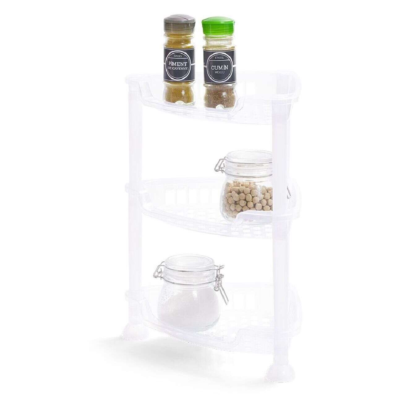 Étagère d'angle à poser 3 niveaux plastique transparent 28x20xH.33,5cm