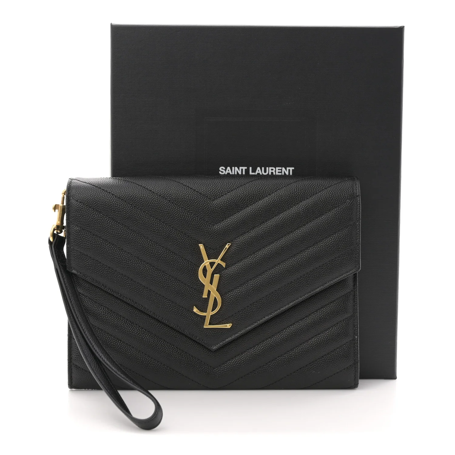 Grain De Poudre Matelasse Chevron Monogram Envelope Clutch Black