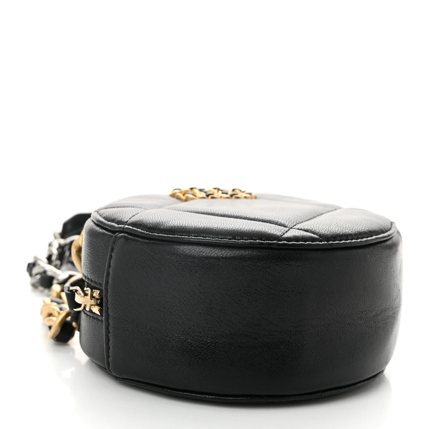 Shiny Goatskin Quilted Chanel 19 Round Clutch With Chain Black