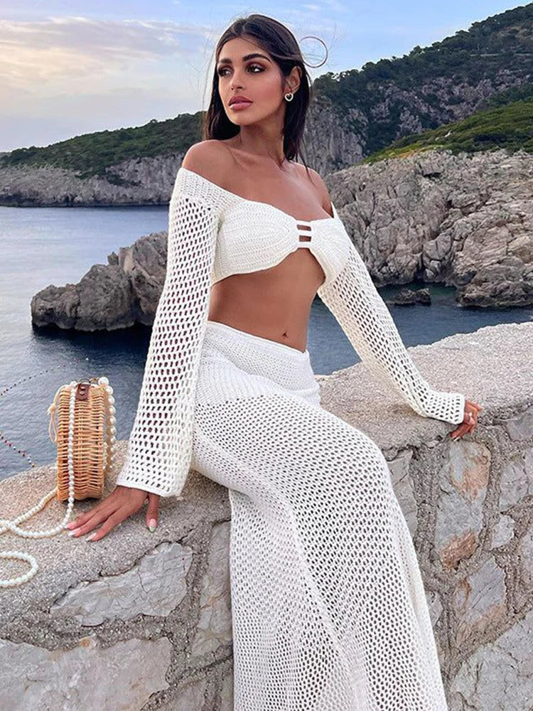 Ensemble jupe maxi 2 pièces en crochet pour femme avec haut à manches longues et découpe