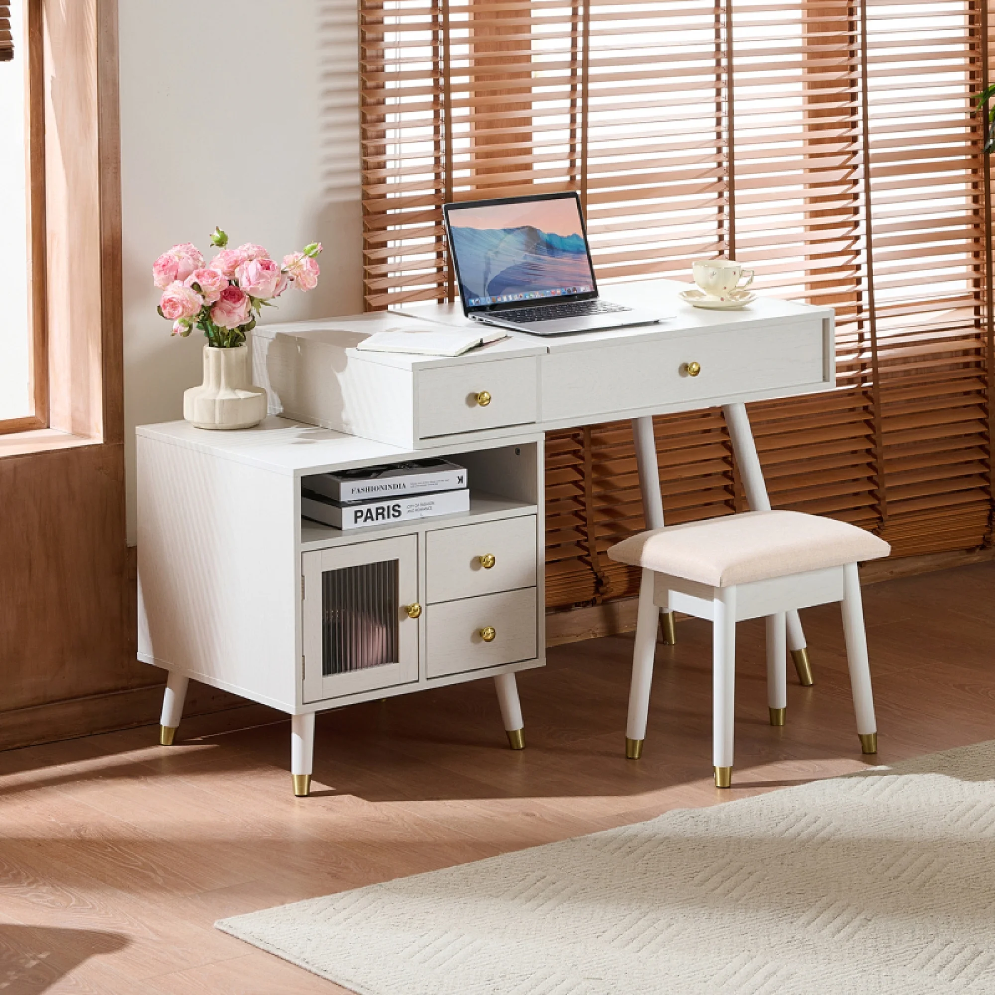 3-in-1 Vanity Desk with Lighted Flip-Top Mirror Adjustable Cabinet, Makeup Dressing Table with Stool, Dresser with Drawers for Bedroom, White(White) - Image 7