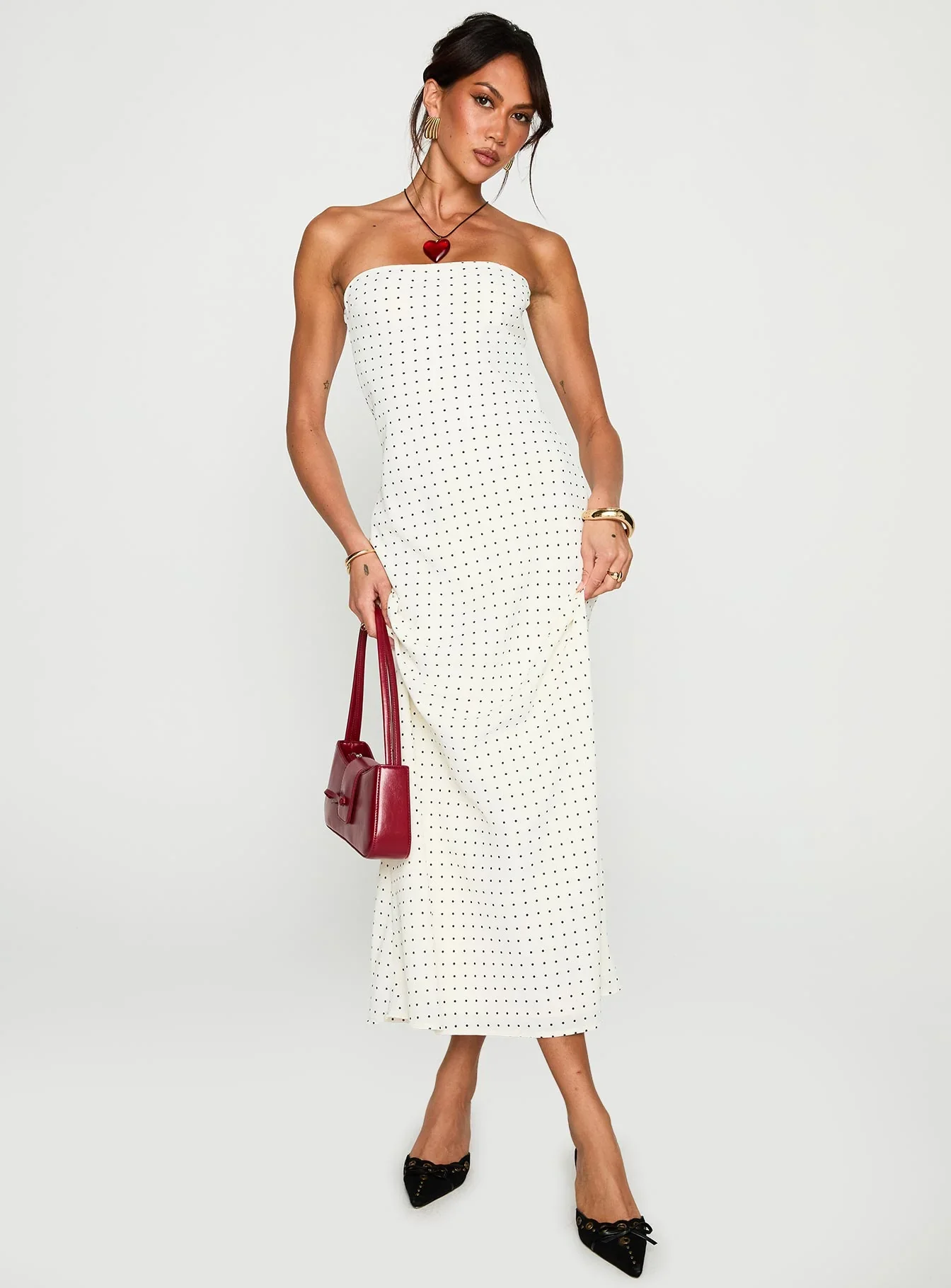 Just For Fun Strapless Maxi Dress White Polka Dot