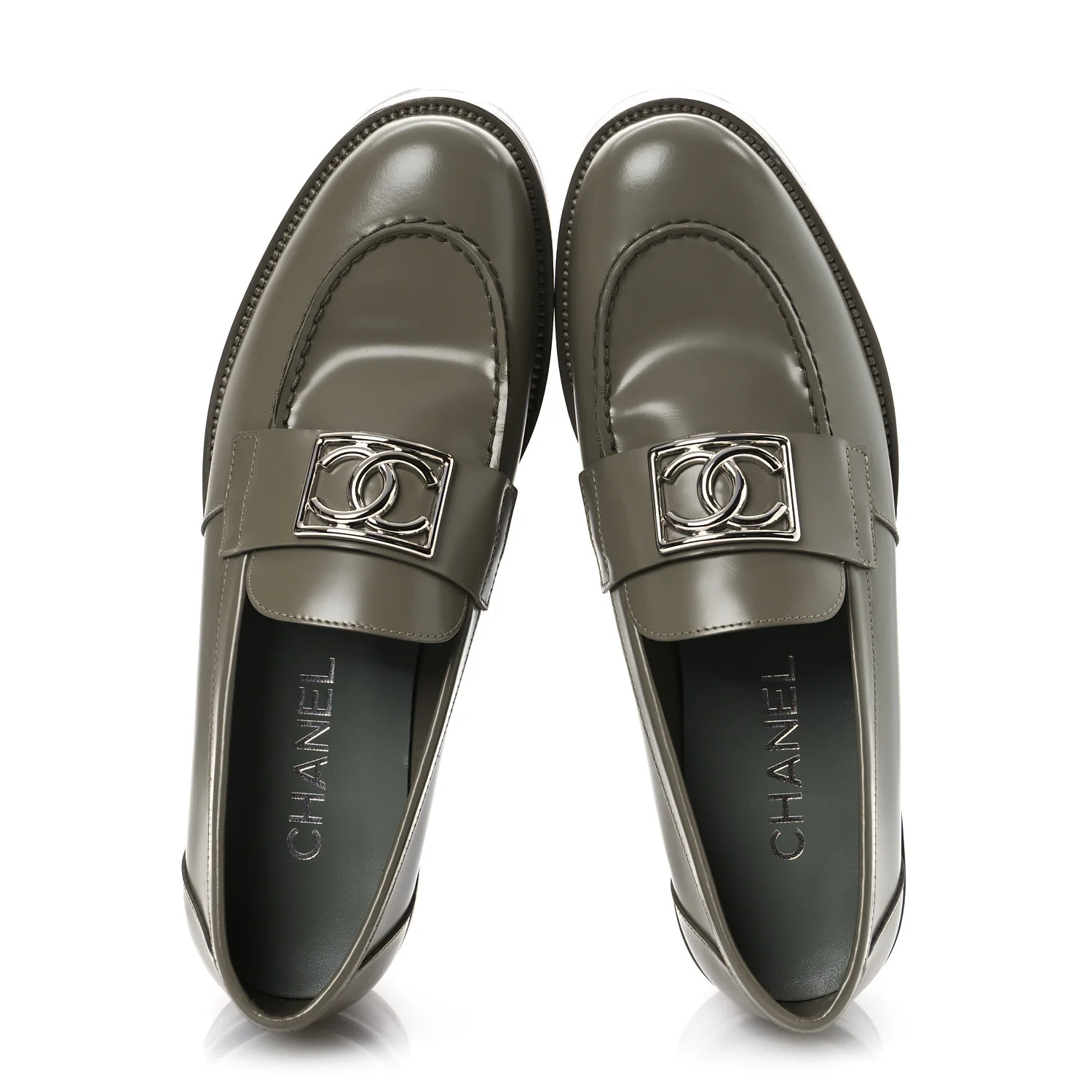 Calfskin Metal CC Loafers 40 Khaki