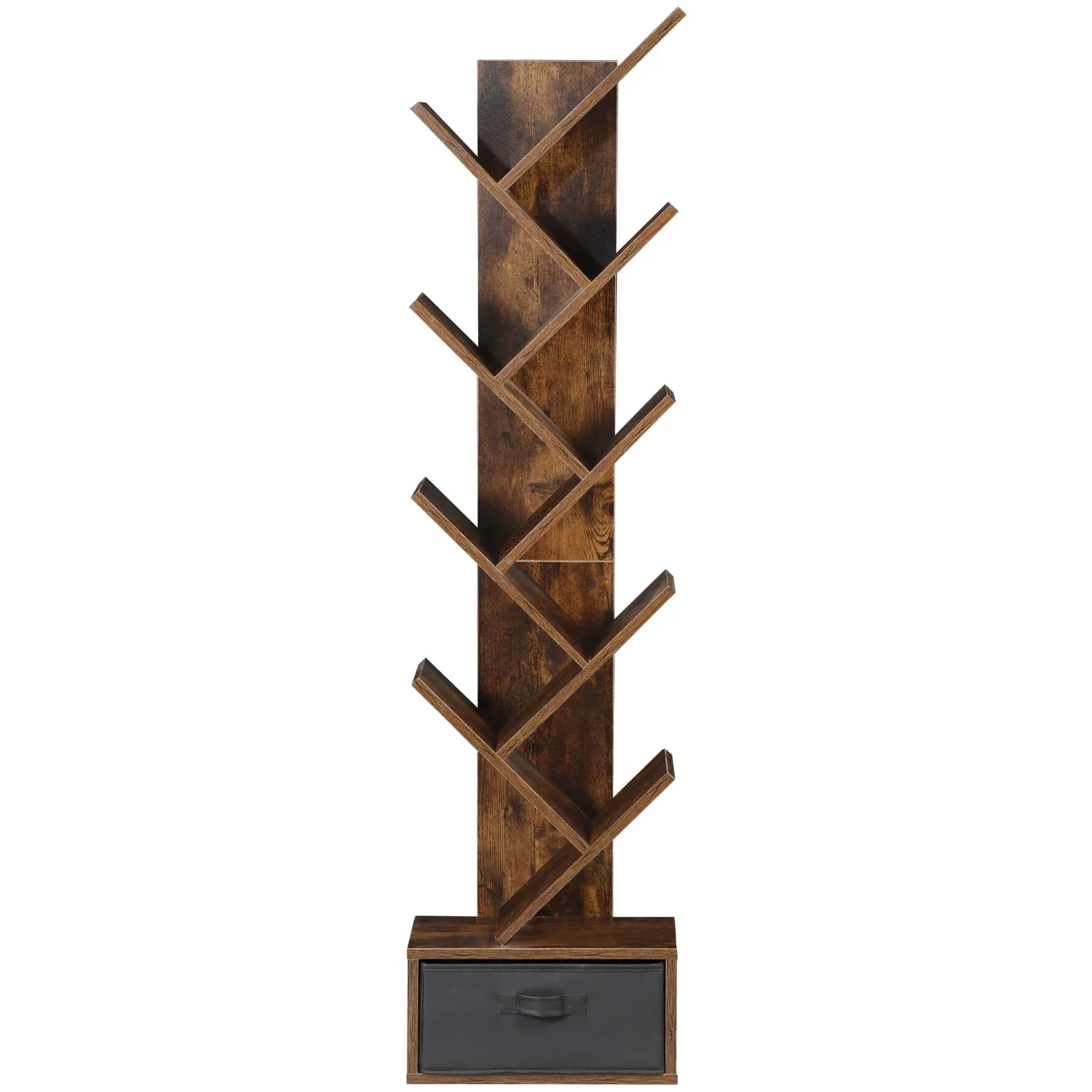 HomGarden 9 Tier Tree Bookshelf Modern Storage Rack Floor Bookcase W/Drawer, Rustic Brown