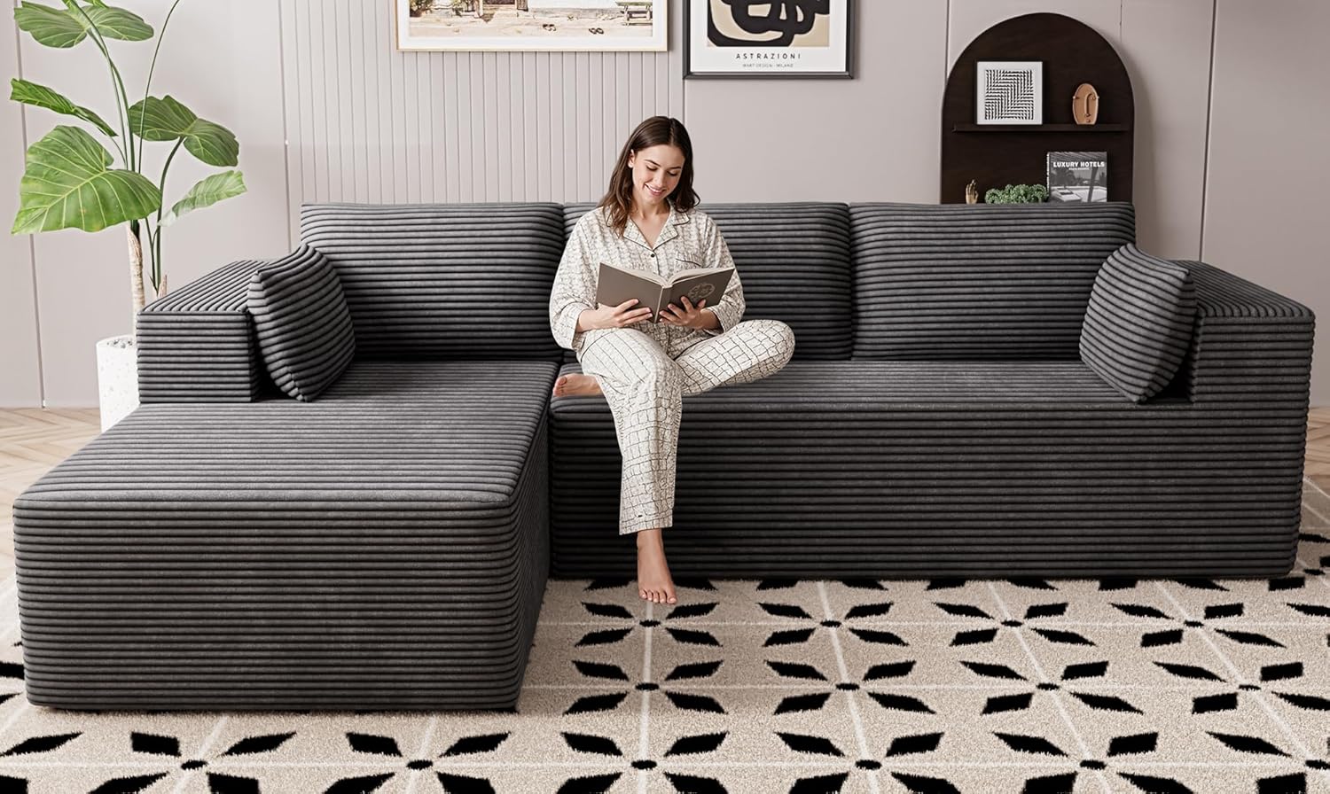 Canapé d'angle Cloud sans dossier pour salon, canapé modulaire en forme de L avec assise profonde et méridienne surdimensionnée à droite, canapé 3 places sans dossier en mousse à mémoire de forme compressée pour appartement, noir | Aucun assemblage r