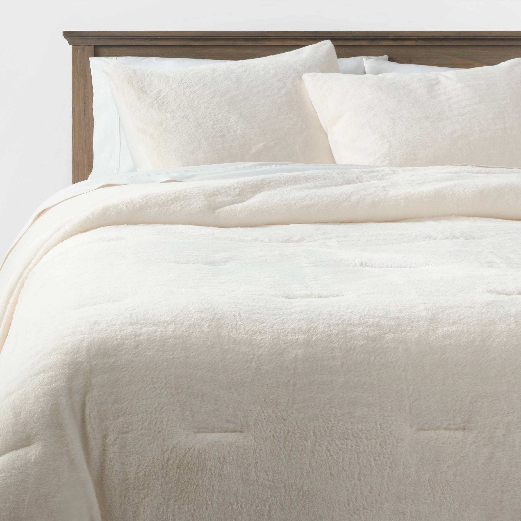 3PC Full/Queen Luxe Faux Fur Comforter and Sham Set Ivory - Threshold