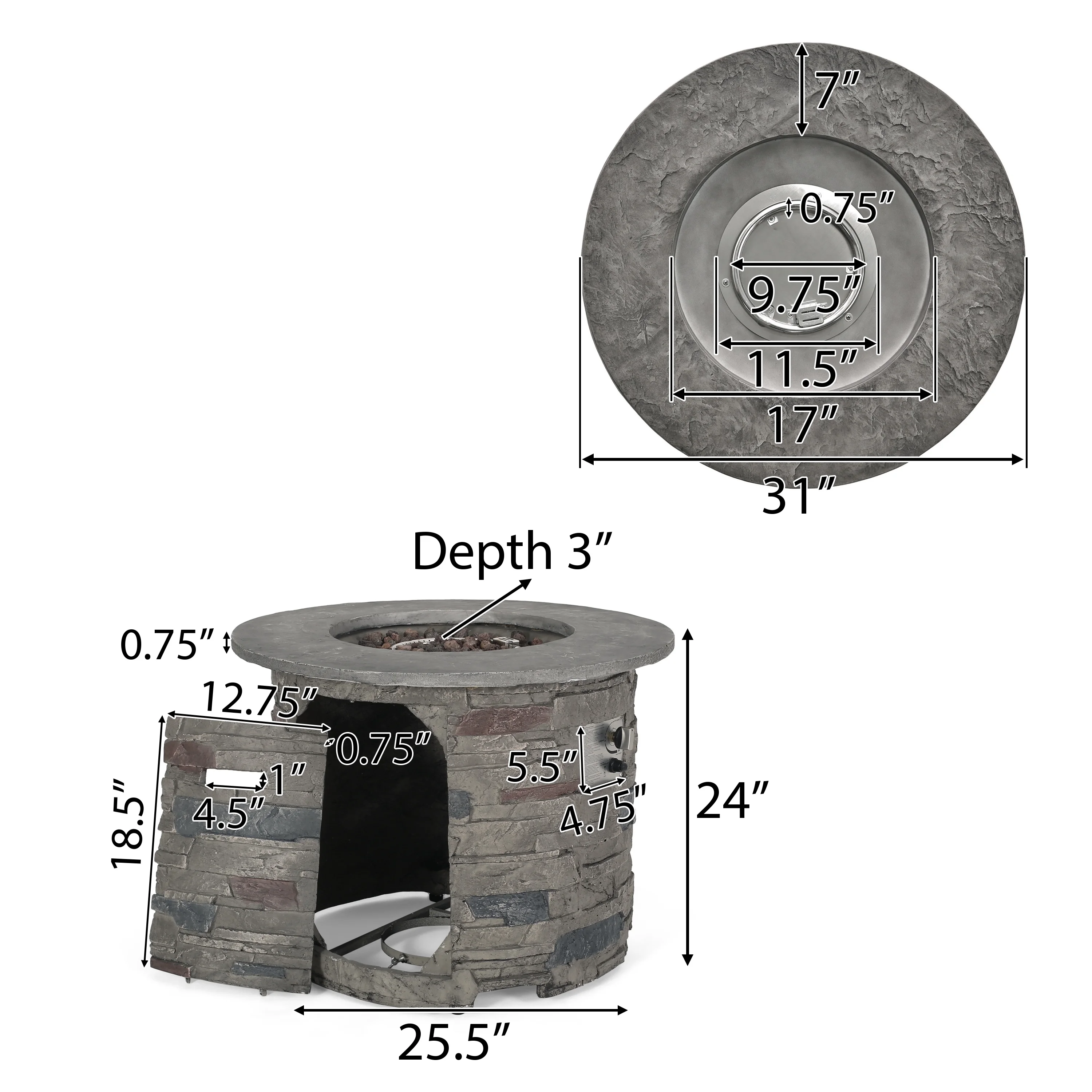 Awalua 32" Circular MGO Fire Pit Withnbsp;Grey Top - 40,000 BTU, Natural Stone