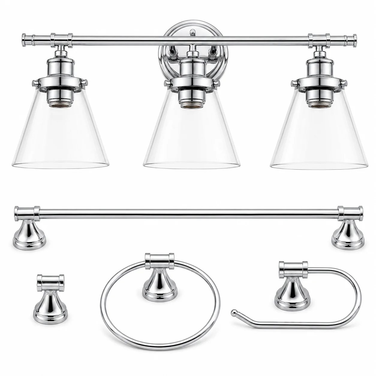 5-Piece Chrome Bathroom Set, 3-Light Vanity Fixture, Towel Bar and Accessories