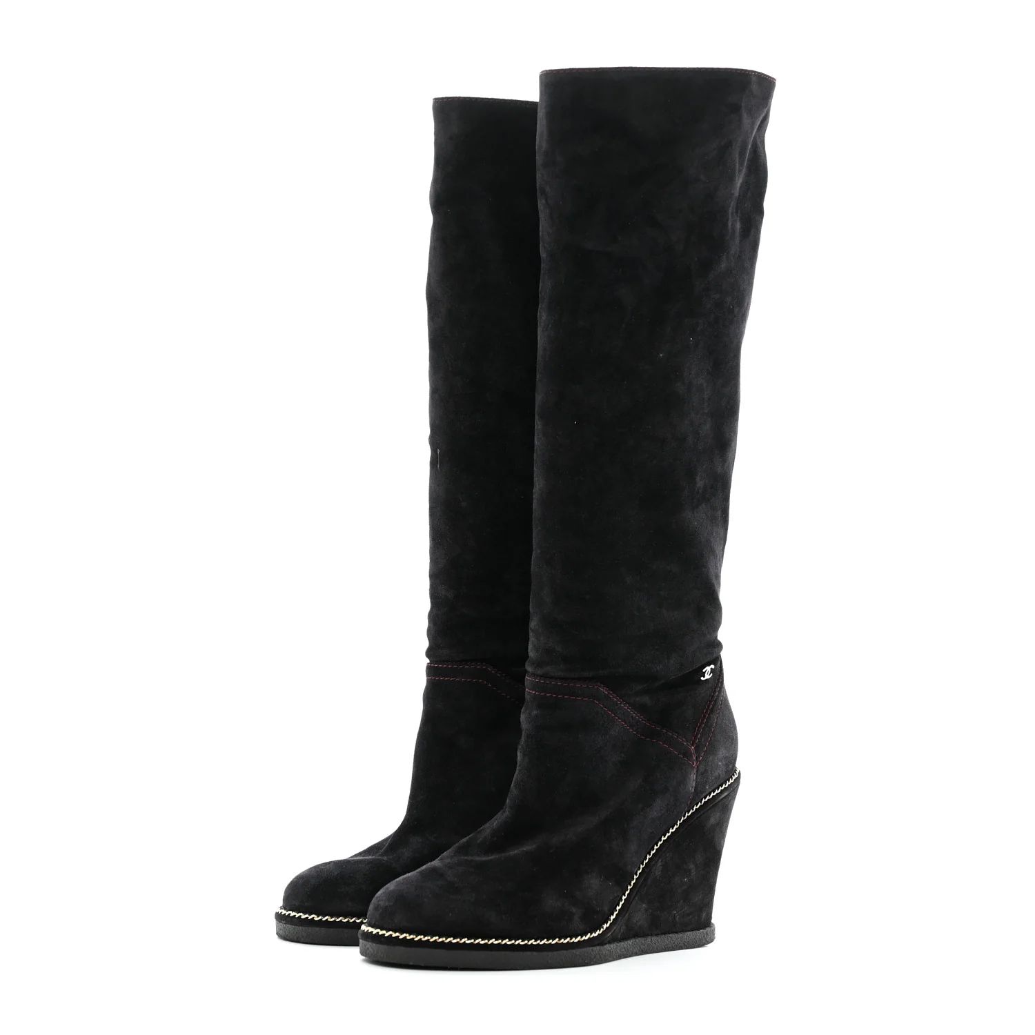 Suede Calfskin Chain Around High Boots 41 Black