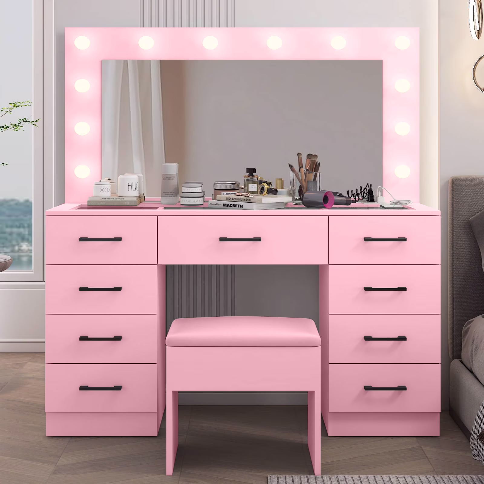 Large Makeup Vanity, Vanity Table Set w/ Visible Glass Top w/ Charging Station, White(White-9 Drawer) - Image 9