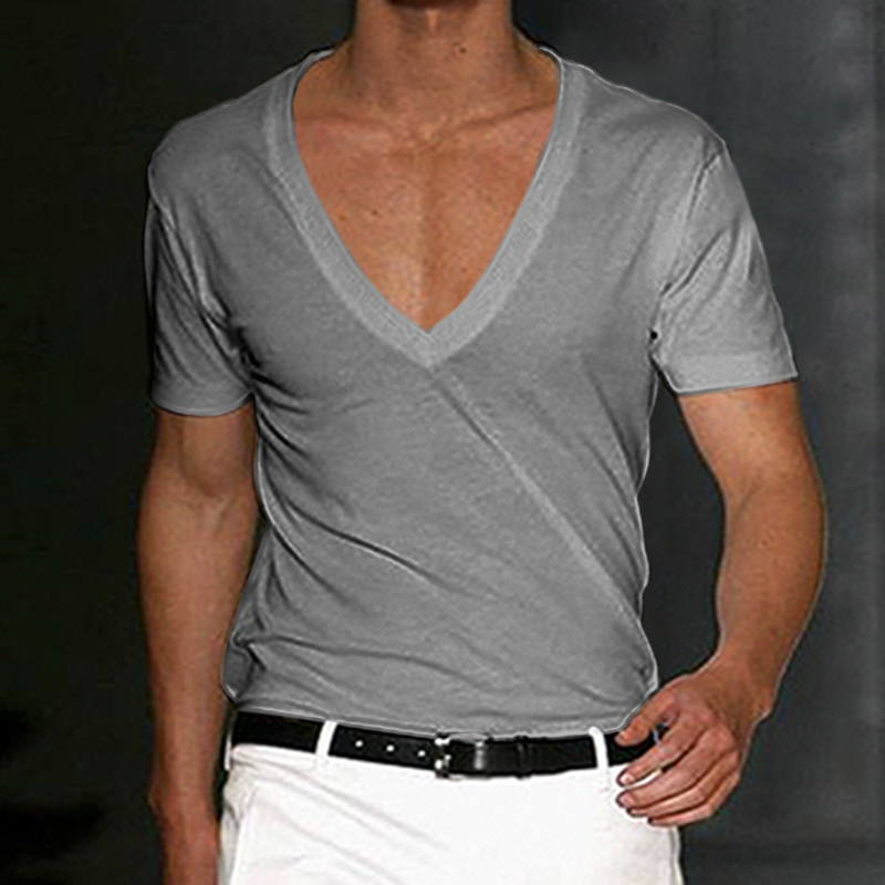 T-shirt basique blanc à manches courtes et col en V profond en coton pour homme