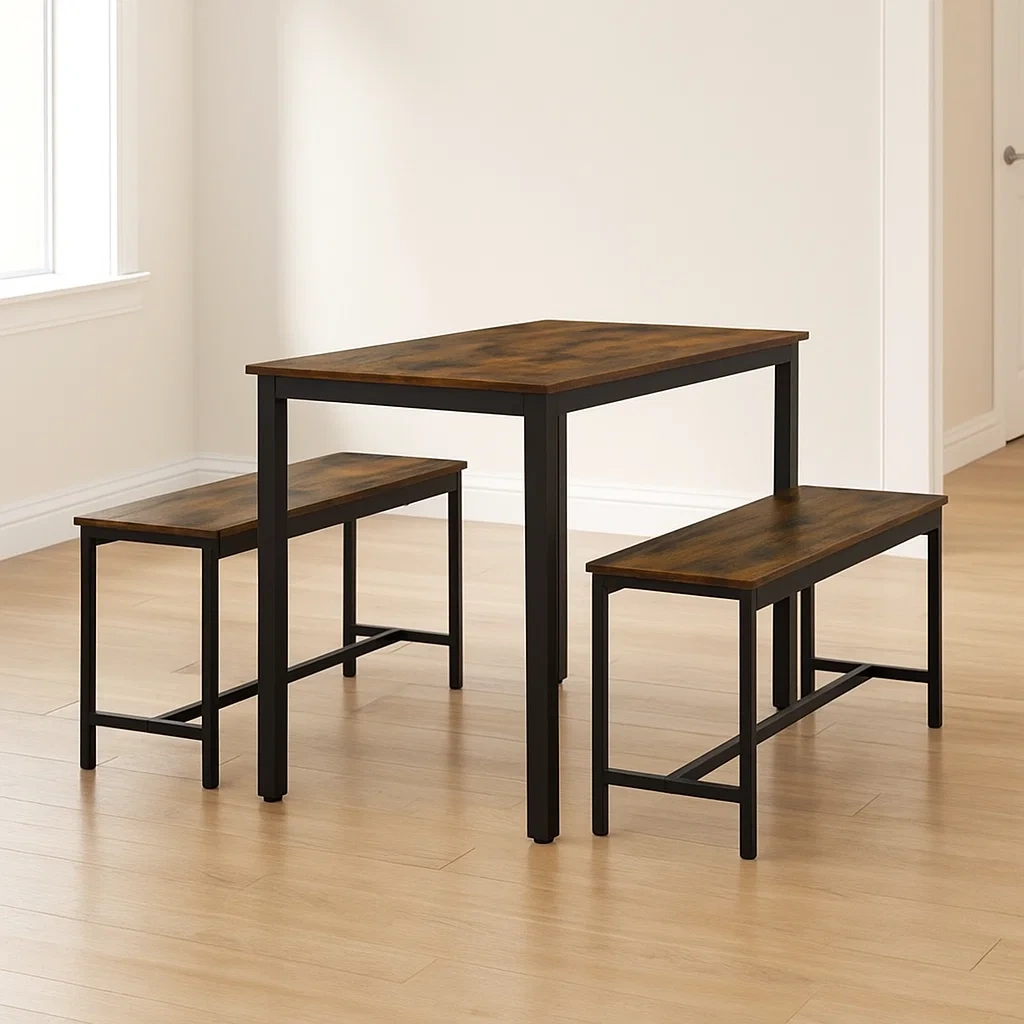 Spisebord- og stolest, inklusive et spisebord og to spisebnke, brun, tr og stl, egnet til spisestue