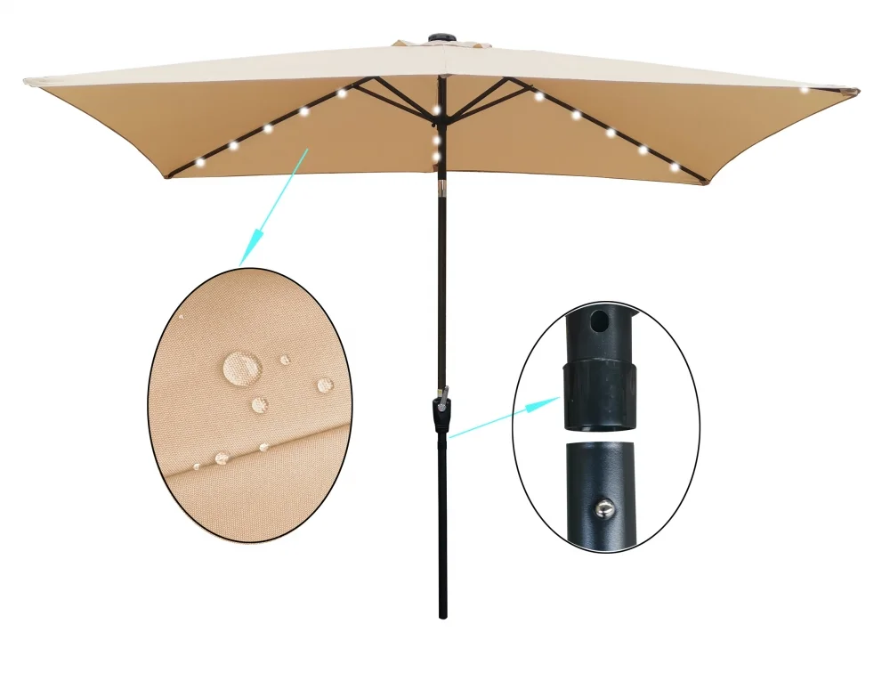 10 x 6.5t Patio Umbrella,Rectangular Picnic Table Umbrella,6-8 Chairs Tilt Umbrella with 26 LED Lights,Waterproof Umbrella Sunshade with Crank and Push Button Tilt for Garden Backyard Pool,Mushroom