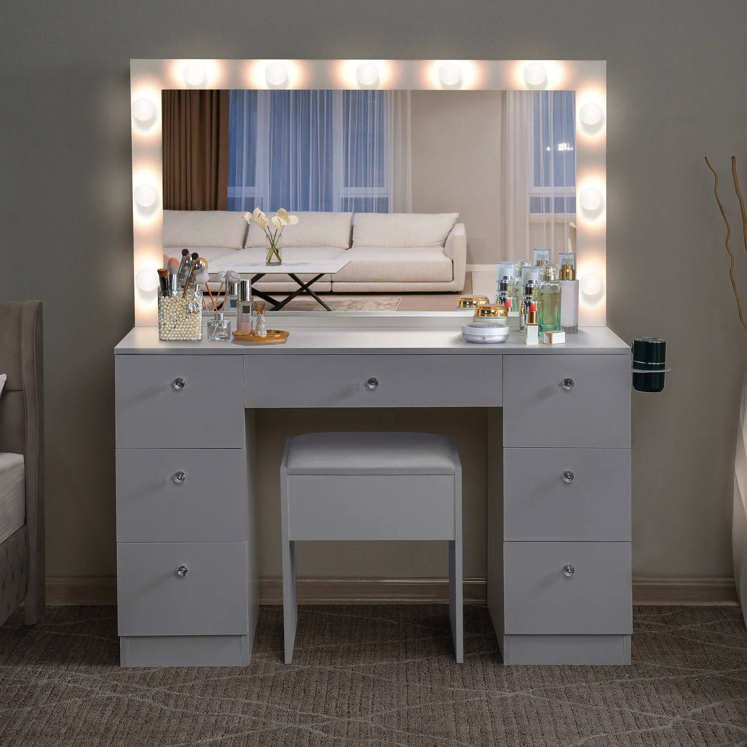 Naomi Home Vera Makeup Deluxe Vanity Table Set, 7 Drawers, 11 Lights, Oversized Mirror, White(White)