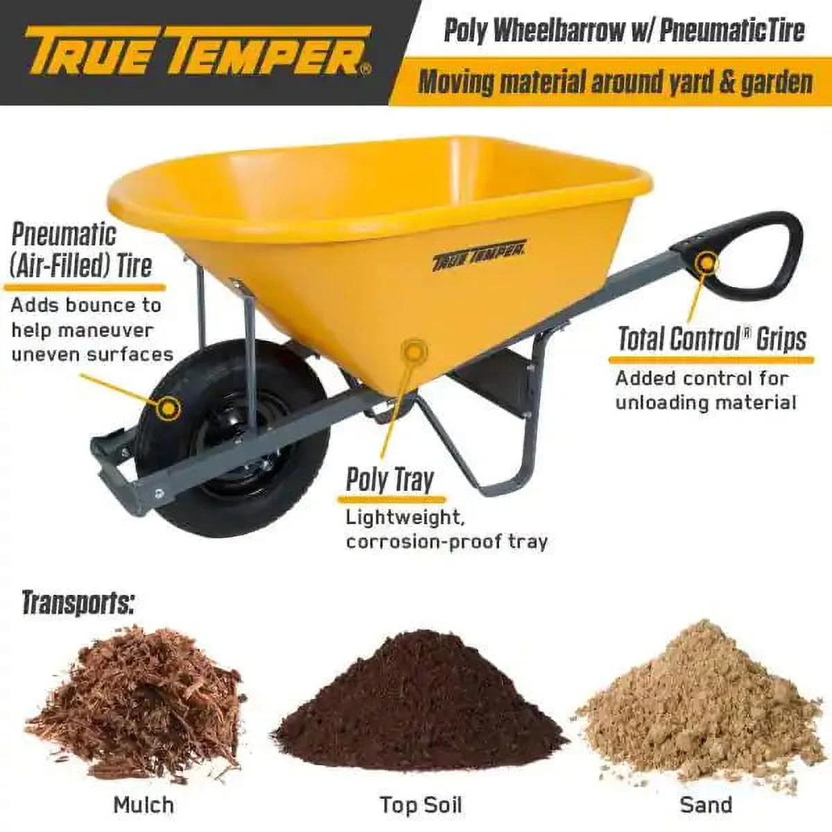 True Temper RP6TC14 6 Cubic Foot Wheelbarrow with Tough Steel Handles
