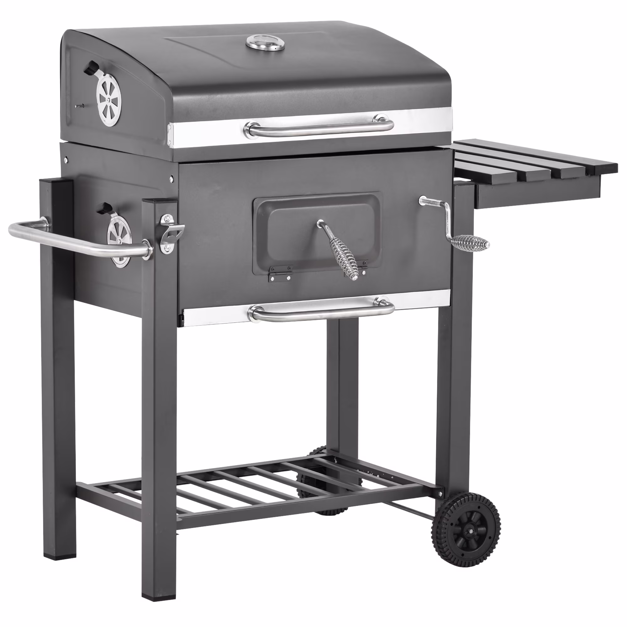 Portable Charcoal Grill, Stainless Steel, Thermometer and Side Burner, Gray