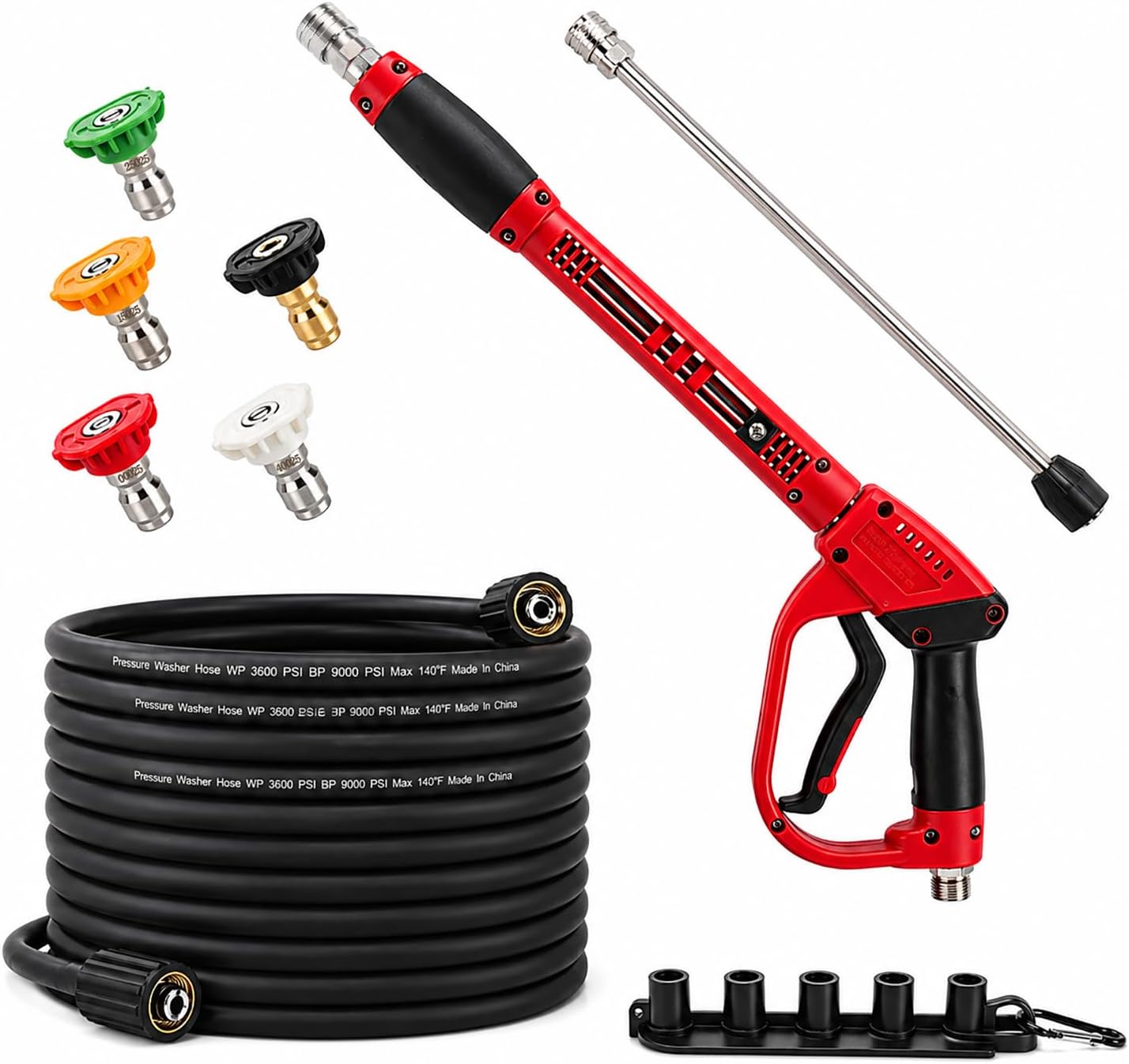 Pressure Washer Gun and Hose Kit 25FT, Pressure Power Washer Hose with Spray Gun, Wand Extension, 5 Nozzle Tips, M22-14mm Fittings, 3600 PSI
