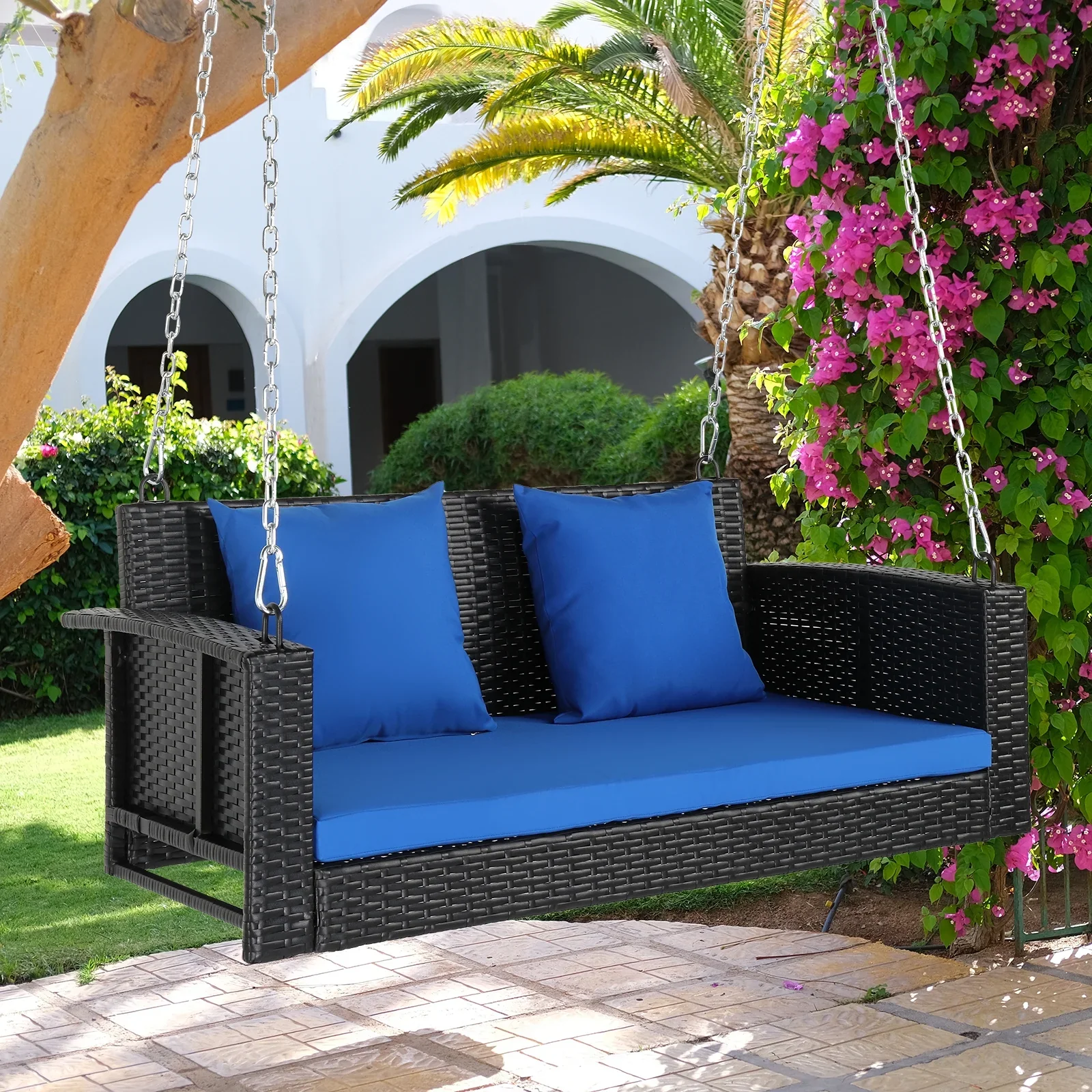 SamyoHome Garden Swing Rattan Wicker  Hanging Swing Bench w/ Blue Cushion
