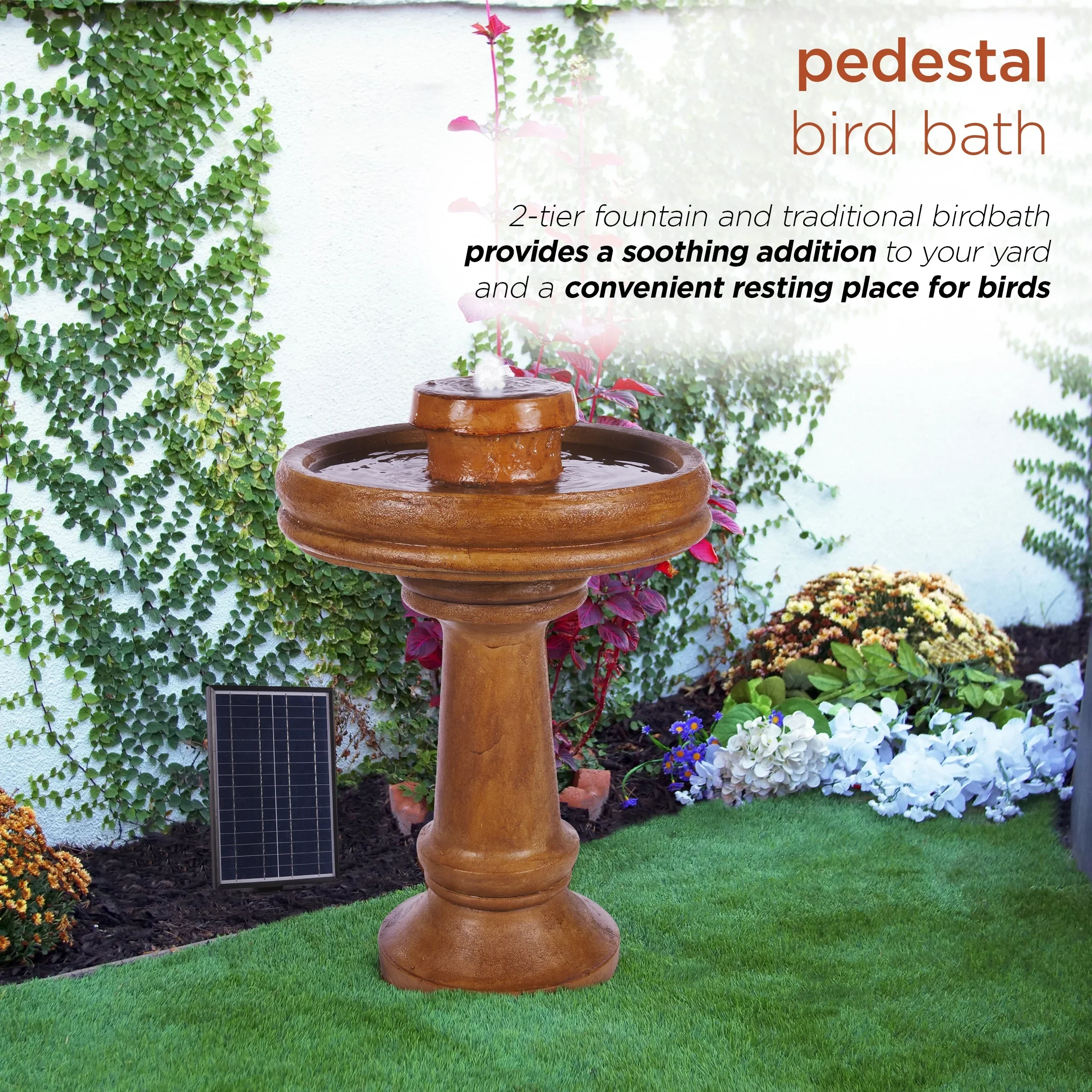 Alpine Corporation  29 Outdoor Birdbath Fountain with LED Lights  Classic Pedestal Solar-Powered Garden Water Feature, Brown