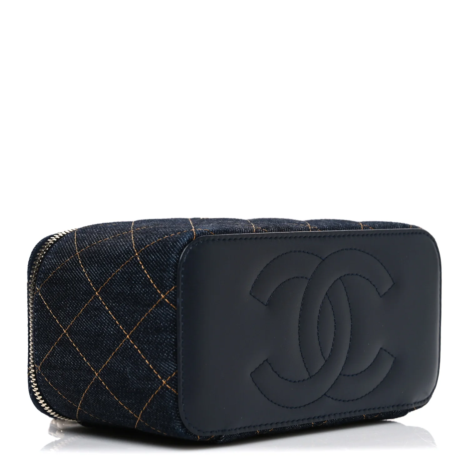 Denim Quilted Vanity Case With Chain Dark Blue Orange