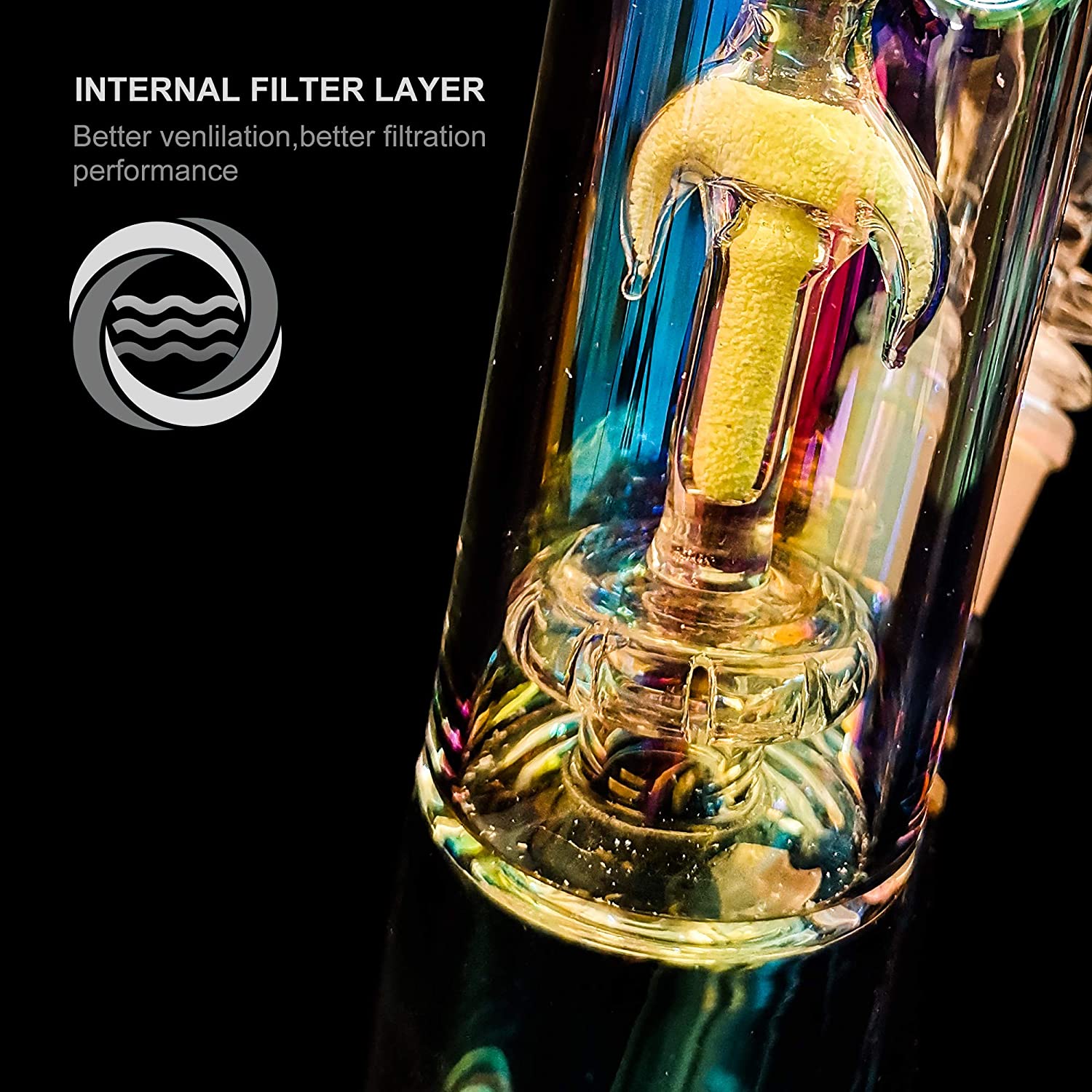 Internal filter layer inside the glow in the dark straight tube glass bong