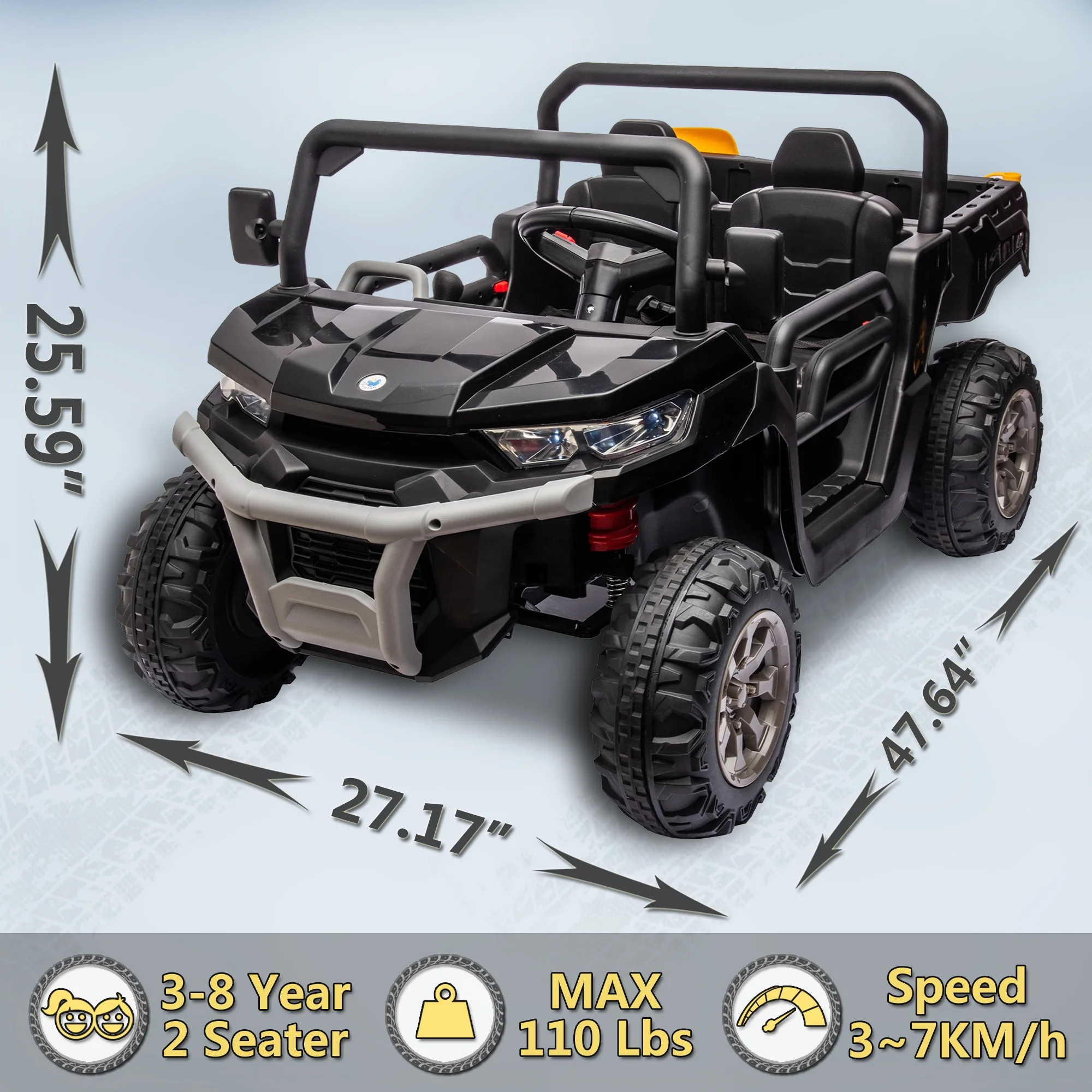24V 2 Seater Kids Ride on Car Truck, Ride on UTV W/ 2x200W Motor, 24 Volt Ride on Toys W/ Dump Bed/Shovel, Electric Car for Kids W/ Durable Tires, LED Light, Music, Remote Control, Black(L-4X4/Black) - Image 6