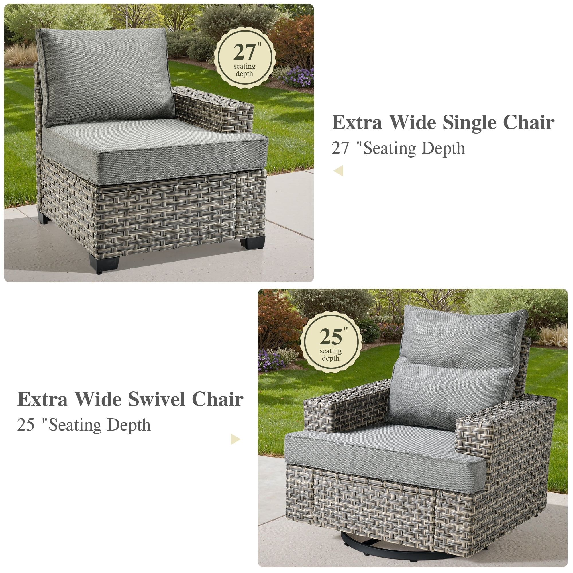 10 Pieces Outdoor Patio Furniture Modern High-Back All-Weather Wicker Sectional Conversation Set with Propane Fire Pit Table Swivel Chair, Dark Gray(Dark Gray) - Image 8