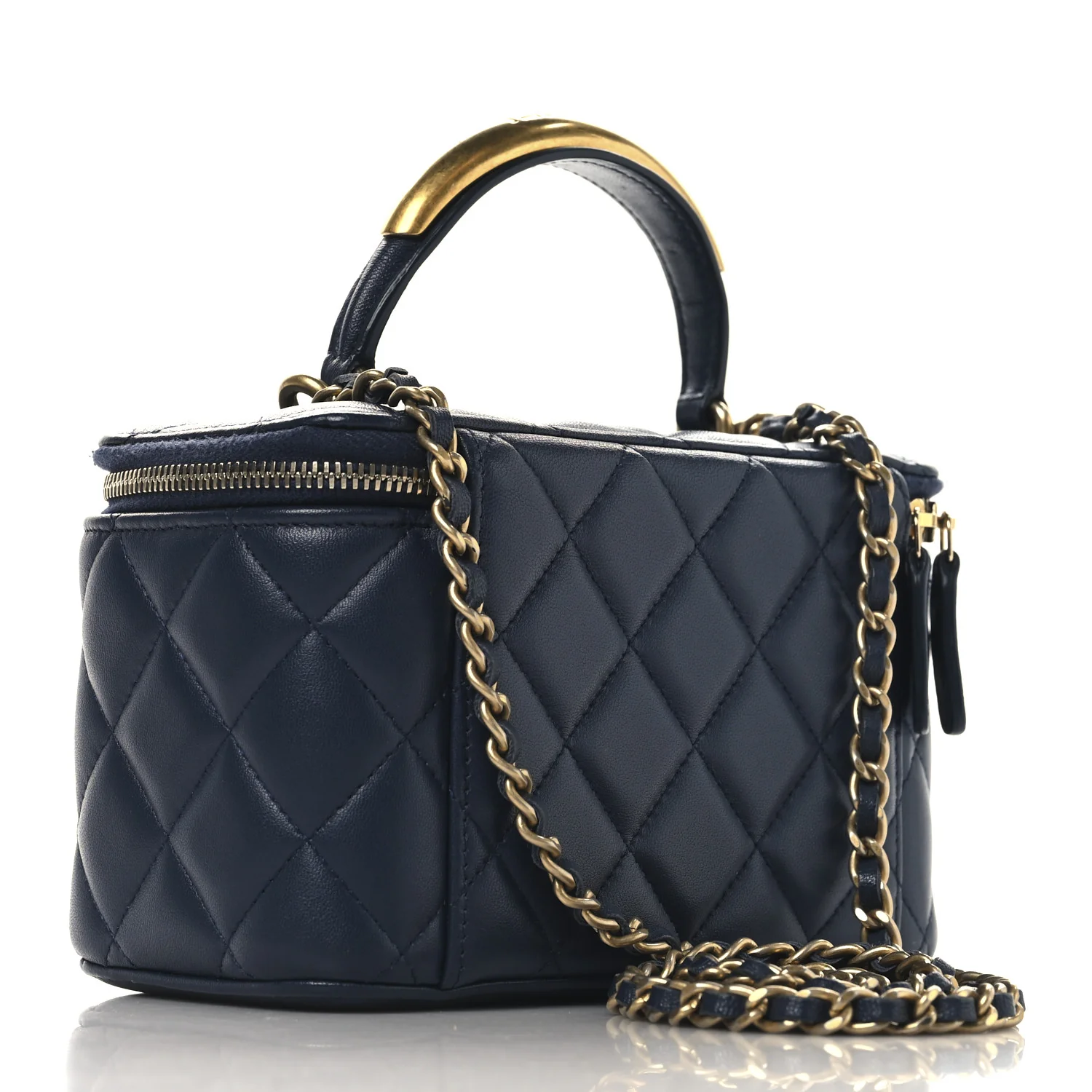Lambskin Quilted Metal Small Top Handle Vanity Case With Chain Blue