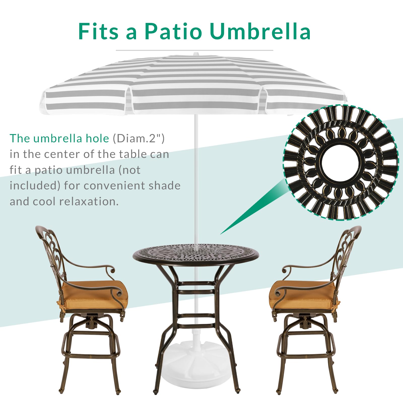 35.2" Patio Height Bar Table, All-Weather Cast Aluminum Bar Bistro Table Outdoor Patio Round Dining Table with Umbrella Hole for Balcony, Lawn, Garden, Backyard, Antique Bronze(35.2" Patio Height Bar Table) - Image 8