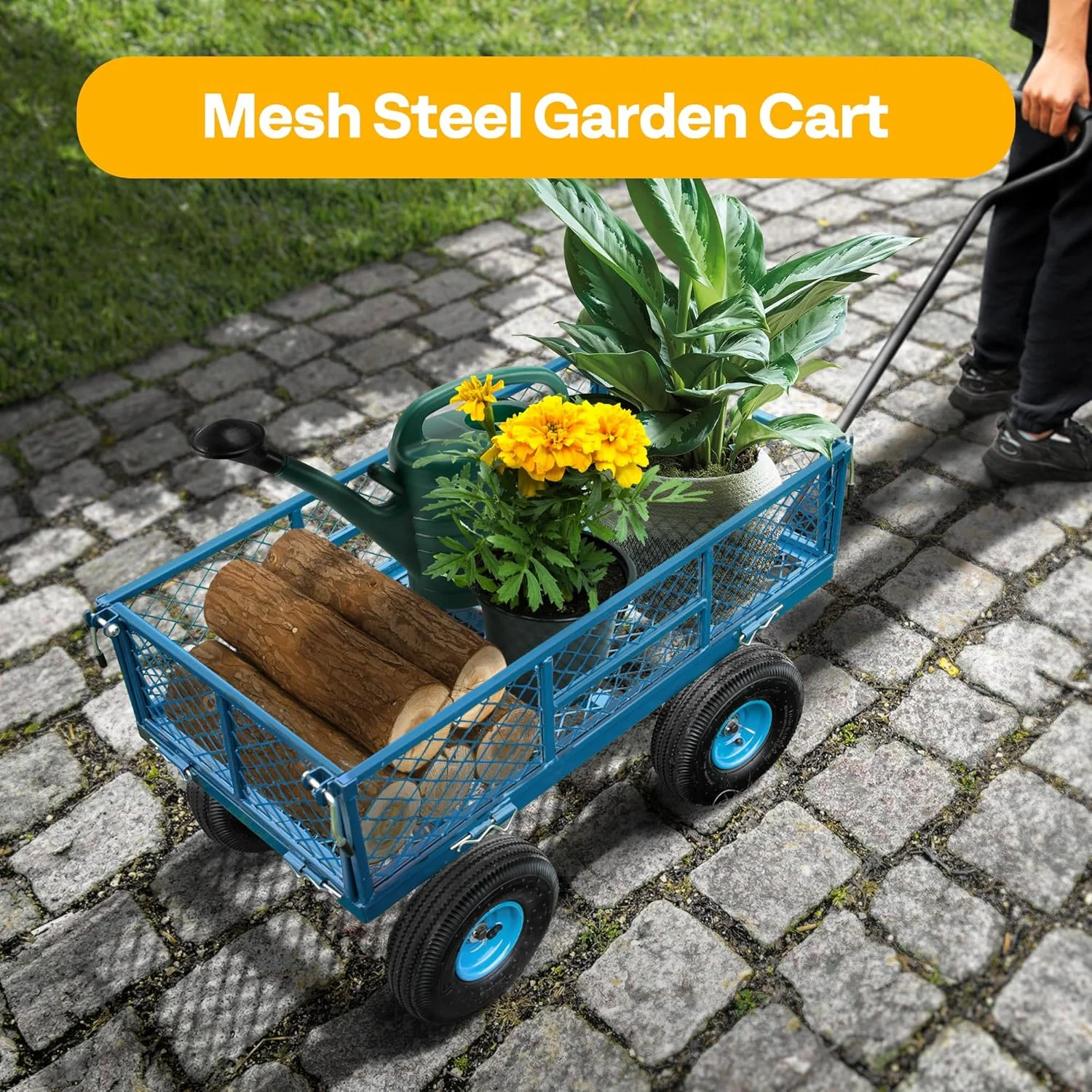 Mesh Steel Garden Cart 880 lbs Capacity, 38" x 21" Folding Utility Wagon with 10 Inch Wheels(Red) - Image 10