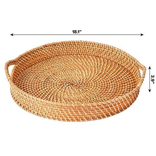 Artera Round Wicker Rattan Tray - 18 Inches, Hand Woven Tray For Coffee Table, Ottoman, Natural Serving Tray With Handles, Circular Decorative