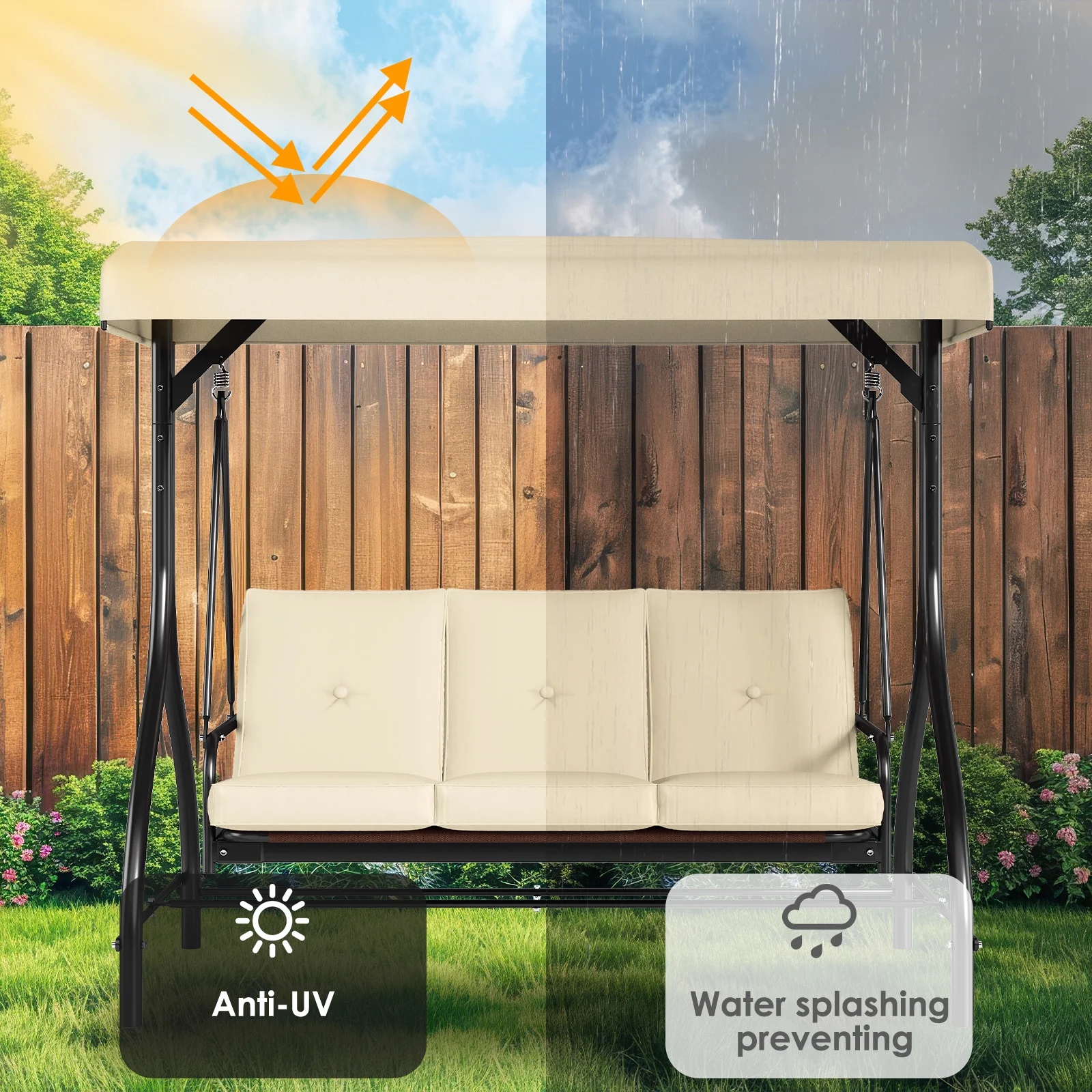 3 Person Porch Swing Outdoor Converting Canopy Swing Glider with Canopy(Beige) - Image 10
