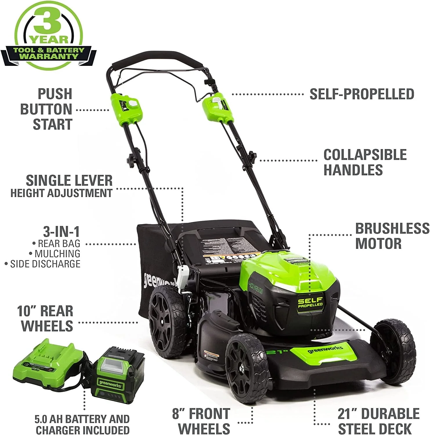Greenworks 21" 40V Brushless Self Propelled Lawn Mower + 5 0 Ah Battery Charger Image 2