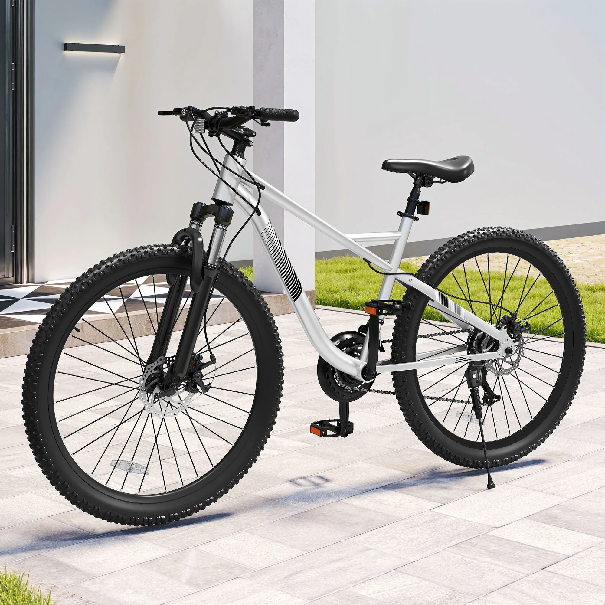 ModFusion 26-Inch Aluminum Alloy Mountain Bike, 21-Speed, Disc Brakes, Black with Brown Tires, 85% Assembled