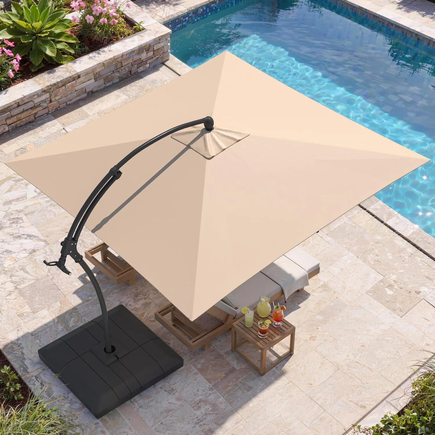 AECOJOY 10x10 FT Cantilever Patio Umbrella with Base, Aluminum Offset Umbrella with 360° Rotation