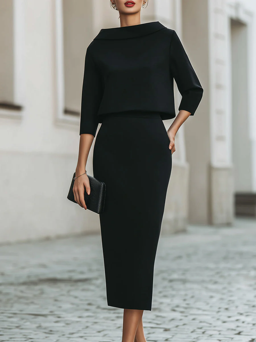 Ensemble Haut Col Bateau et Jupe Midi pour Femme