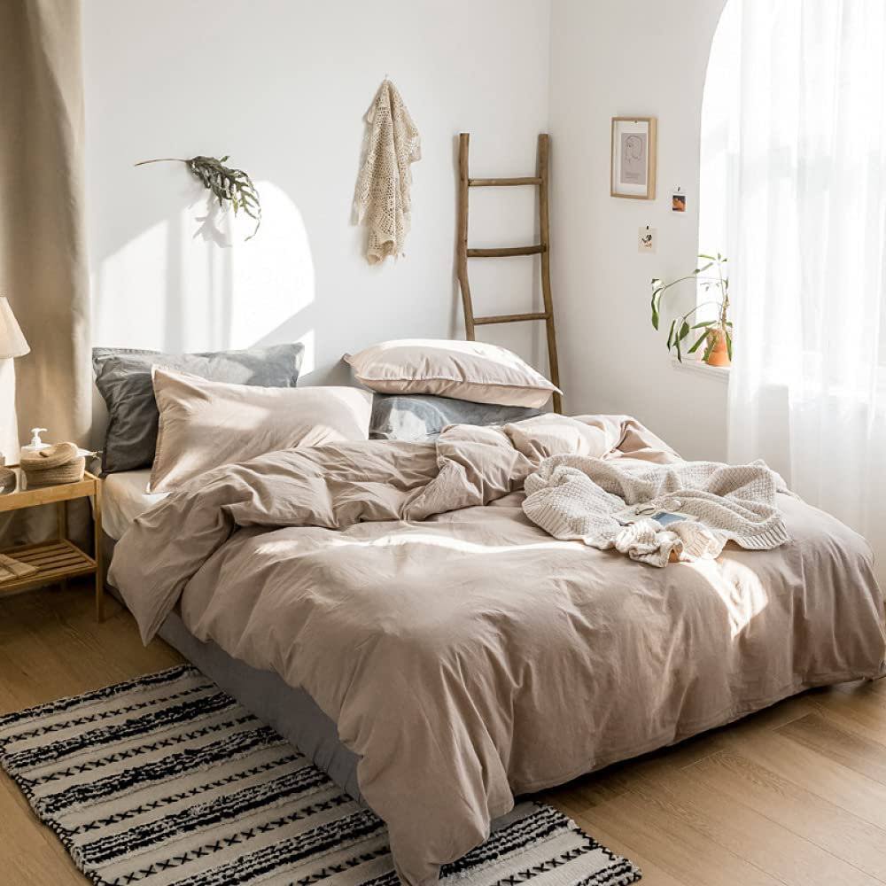 Prestonne Washed Cotton Plain Breathable Simple and Stylish Duvet Cover Set Eider & Ivory Size: Queen Duvet Cover + 2 Standard Pillowcases, Color: KH