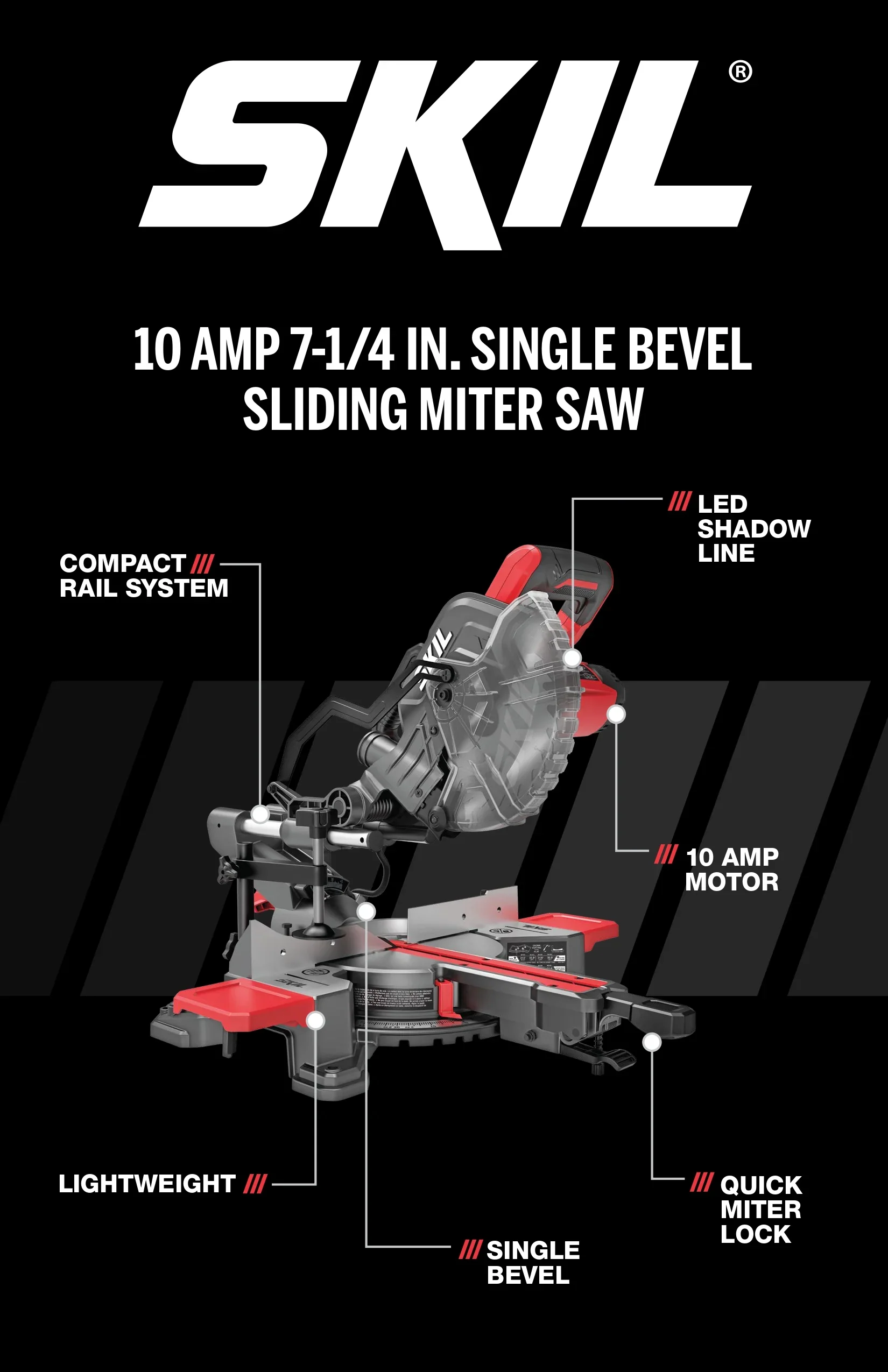 SKIL MS6316-00 10 Amp 7-1/4 Single Bevel Miter Saw with Compact Rail System & LED Shadow Line