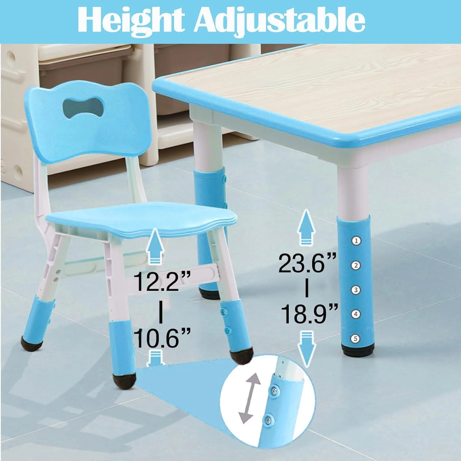 Kids Table and Chairs,Height Adjustable Toddler Table and 6 Chair,Multi-Activity Table with Graffiti Desktop Non-Slip Legs for Ages 2-10,Children Activity Table for Daycare,Classroom,Blue(Blue) - Image 6