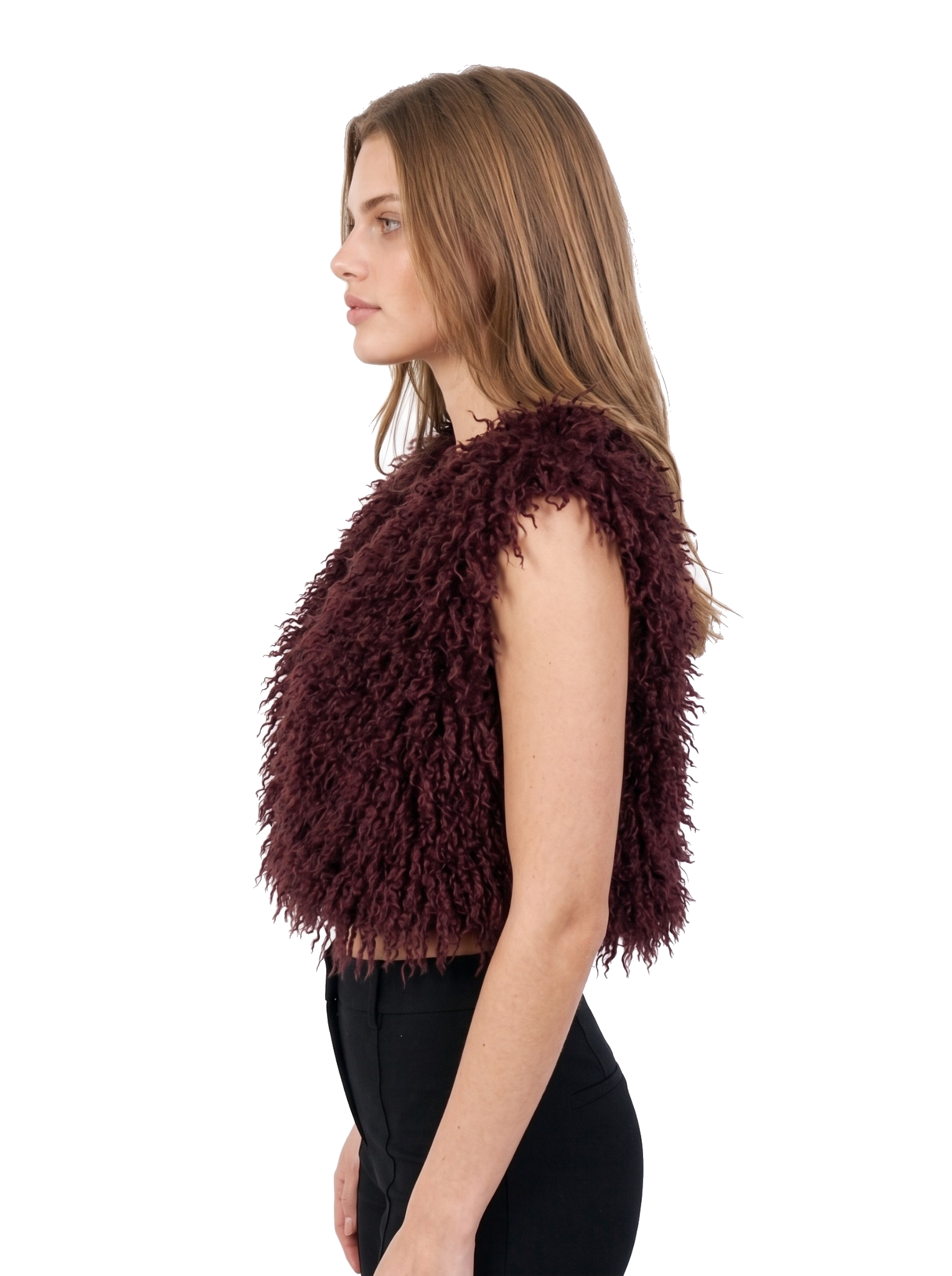 Profile view of a woman wearing a maroon faux fur vest